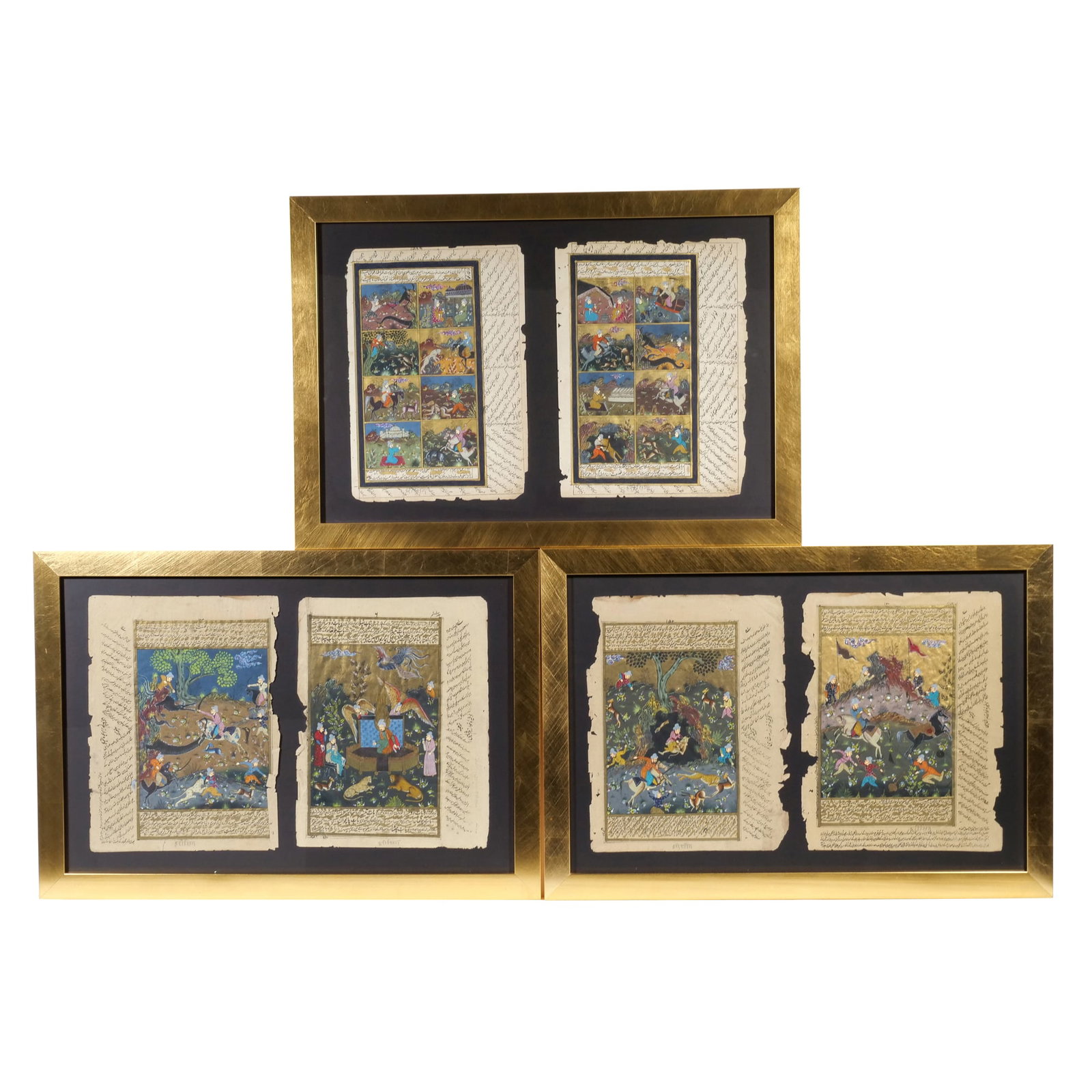 (3pc) 18TH/19TH CENTURY INDIAN GOUACHE AND GOLD ILLUSTRATIONS ON PAPER: Six Illustrated Manuscript Pages Gouache and gold on paper h. 17 x w. 24.5 in., each frame Six individual leaves arranged in three framed pairs featuring narrative scenes of hunting, battle, and enthr