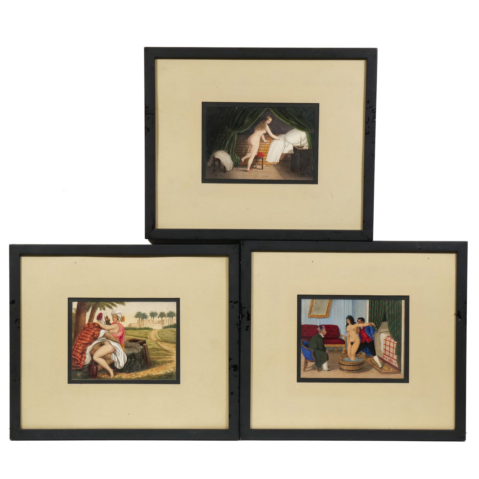 (3pc) MINIATURE PAINTINGS: Three intimate scenes including an Indian School painting of an outdoor scene depicting two lovers in erotic embrace, an interior scene of a nude woman being bathed by two men, and the third depicting