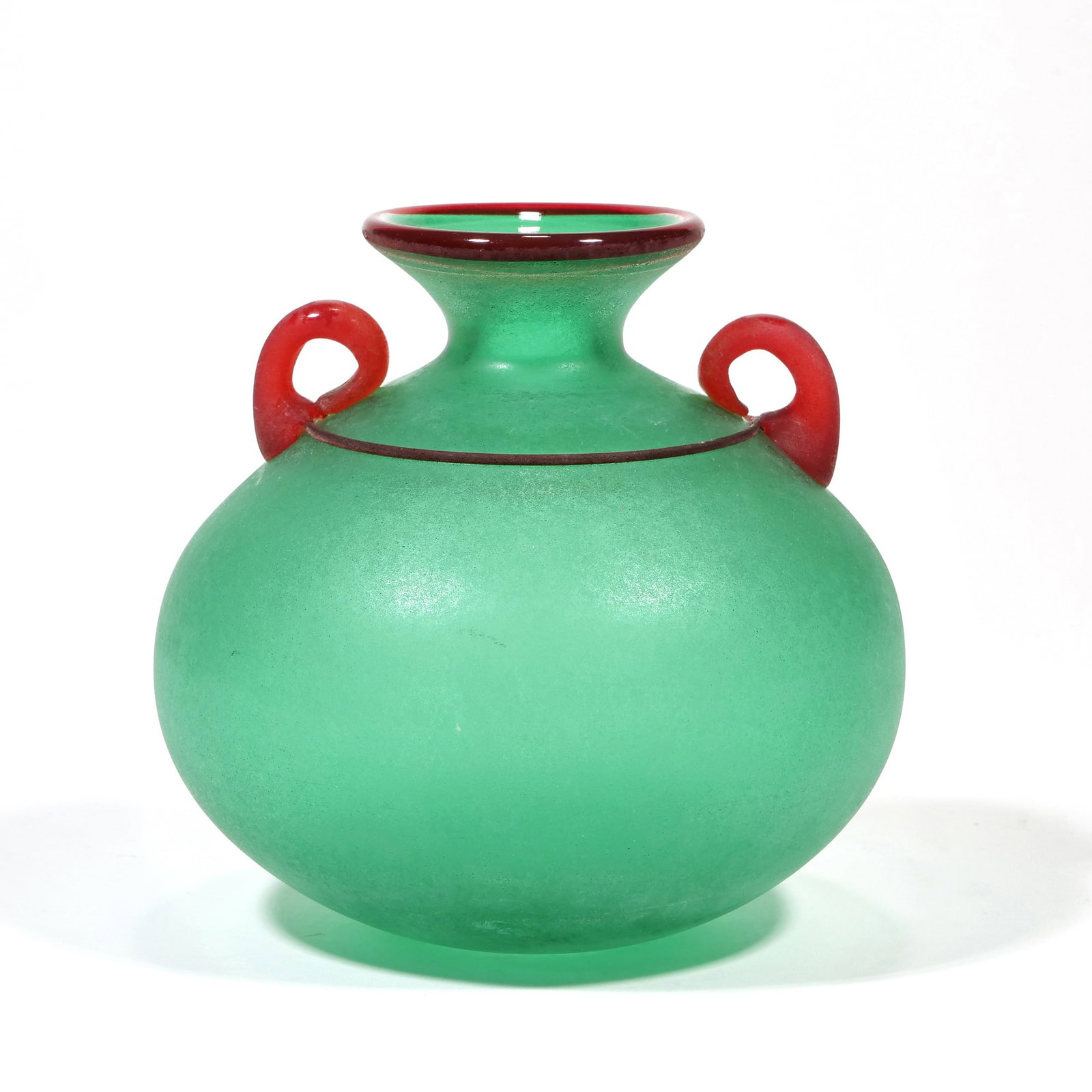 FRANCO MORETTI (20TH CENTURY) MURANO ART GLASS VASE: Applied scroll handles. Signed on underside w. 6 in. (Overall) - h. 6.5 x dia. 3 in. (at opening) Inventory No. 64-81 Provenance: Property from The Private Collection of Edmund and Leslie Glass, Manha