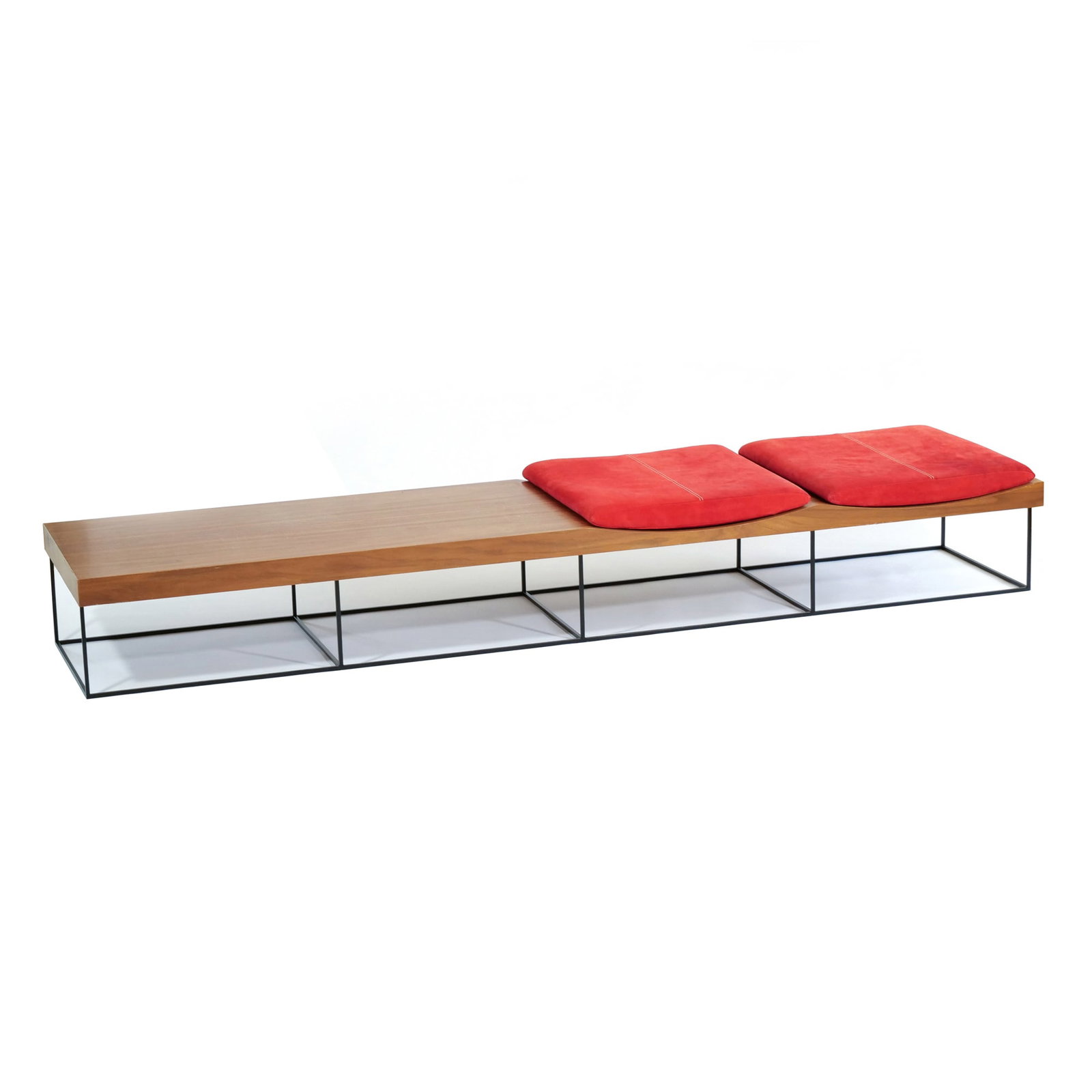 JORGE ZALSZUPIN FOR ETEL, 102 BENCH: Mid-century modern low profile entryway bench, designed as a substantial rectangular seat of molded and curved wood supported by a minimalist black metal box frame. Two rectangular red upholstered cus