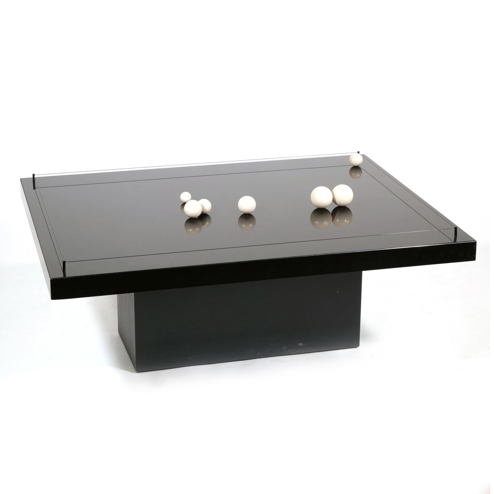 DAVID FRIED (AMERICAN, B. 1962) S.O.S MOBILE SCULPTURE: S.O.S. Mobile Sculpture Mixed media interactive sculpture Featuring a polished black rectangular surface with seven white spheres of varying sizes enclosed by a thin transparent rail on a pedestal bas