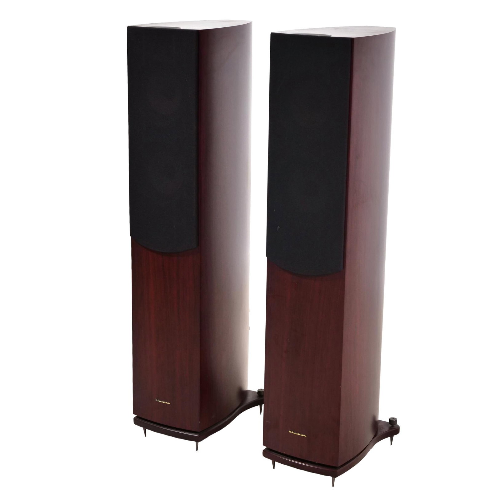 WHARFEDALE PACIFIC EVO-40 FLOORSTANDING SPEAKERS: A pair of Wharfedale Pacific Evo-40 floorstanding speakers featuring curved wood-veneer cabinets in a reddish-brown finish. Each unit is equipped with a removable black fabric grille and is mounted on