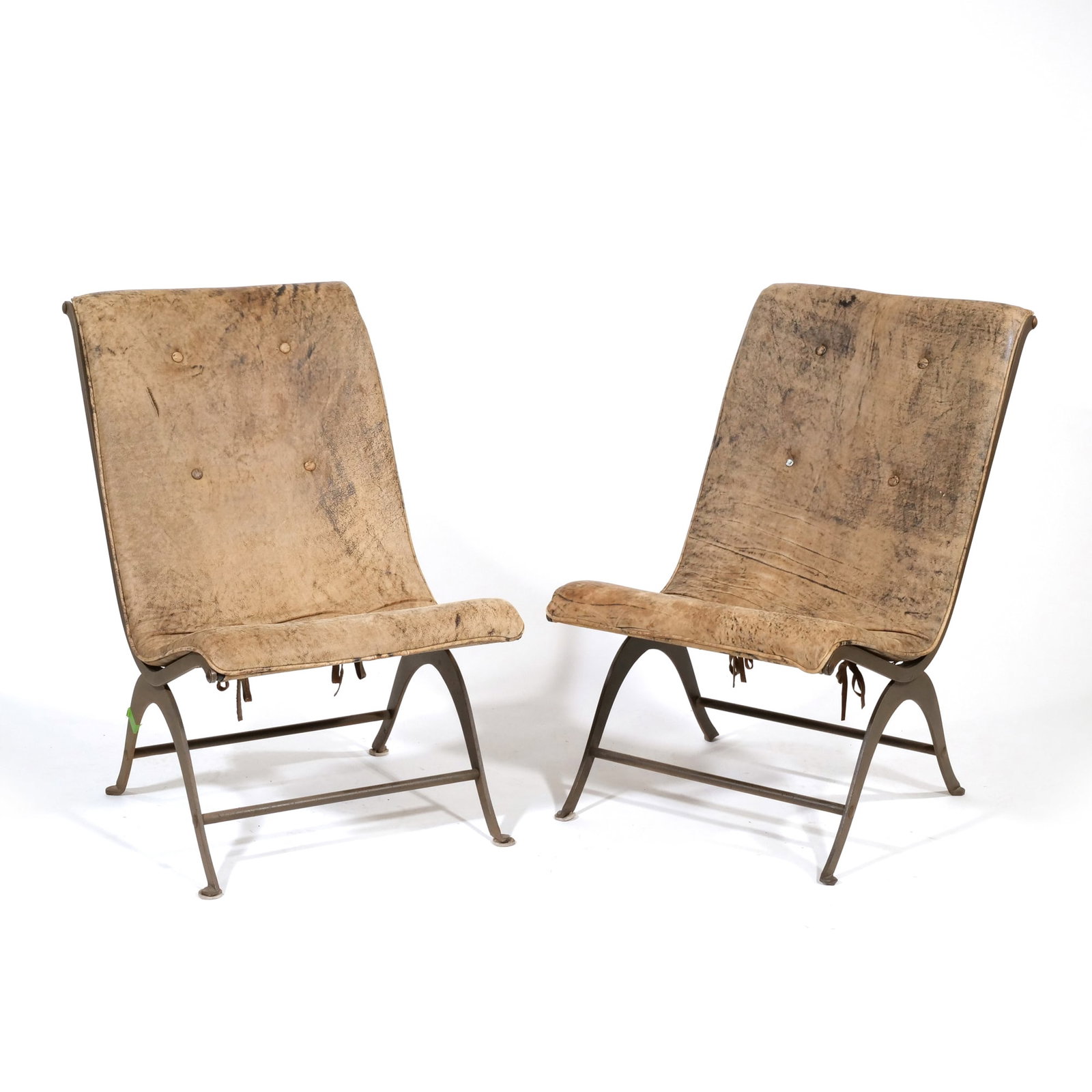 PAIR VINTAGE WROUGHT IRON & TAN FAUX LEATHER CAMPECHE SLING CHAIRS (1 of 9)