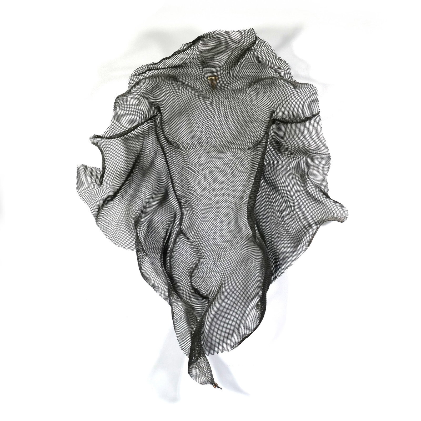 RAY WEIGER (AMERICAN, B. 1950) WIRE MESH SCULPTURE: untitled Wire mesh Black wire mesh sculpture depicting a male torso with a draped, flowing silhouette. The mesh is layered and contoured to create anatomical detail and depth for wall-mounting.