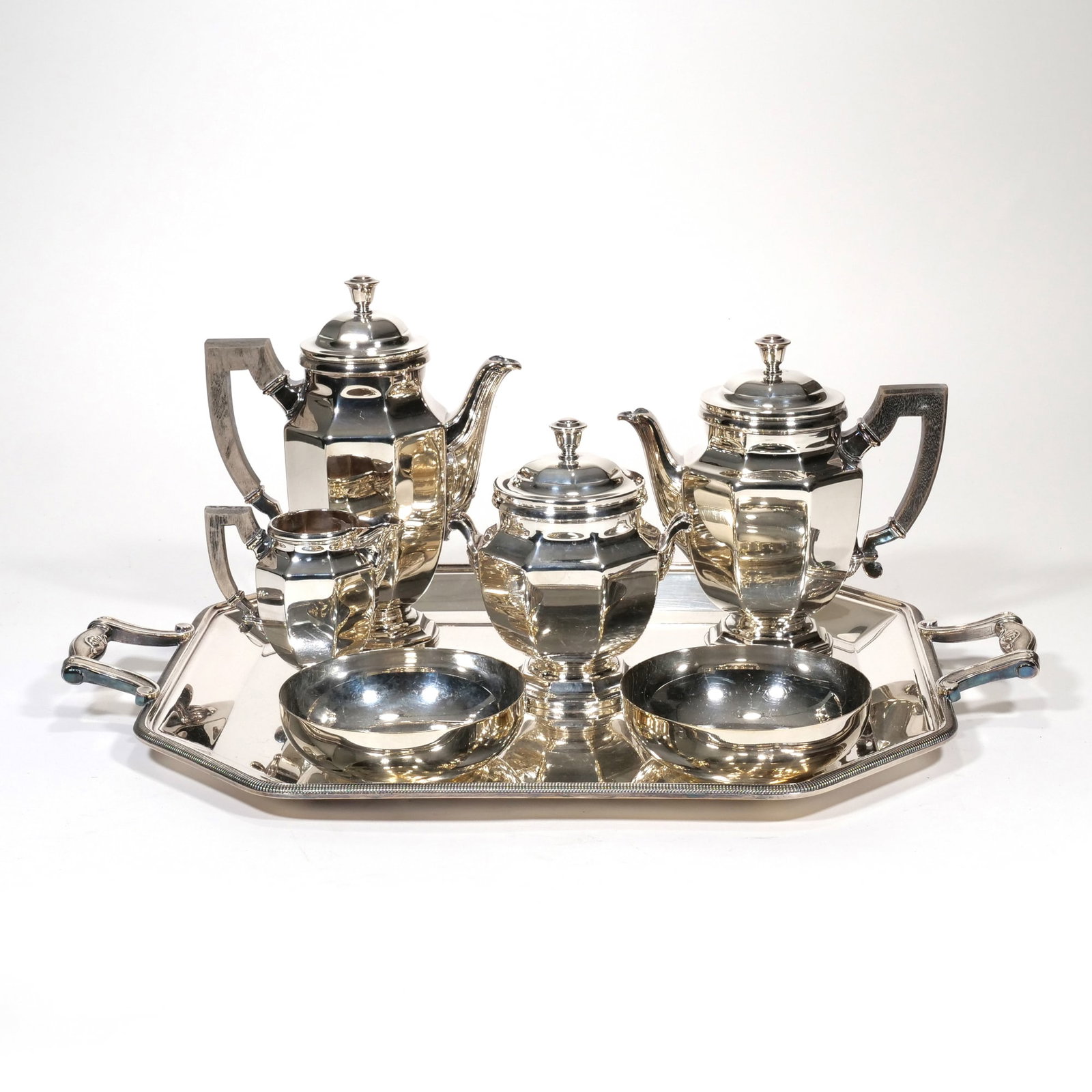 (6pc) CHRISTOFLE ART DECO SILVERPLATE SEVEN-PIECE TEA AND COFFEE SERVICE (1 of 7)
