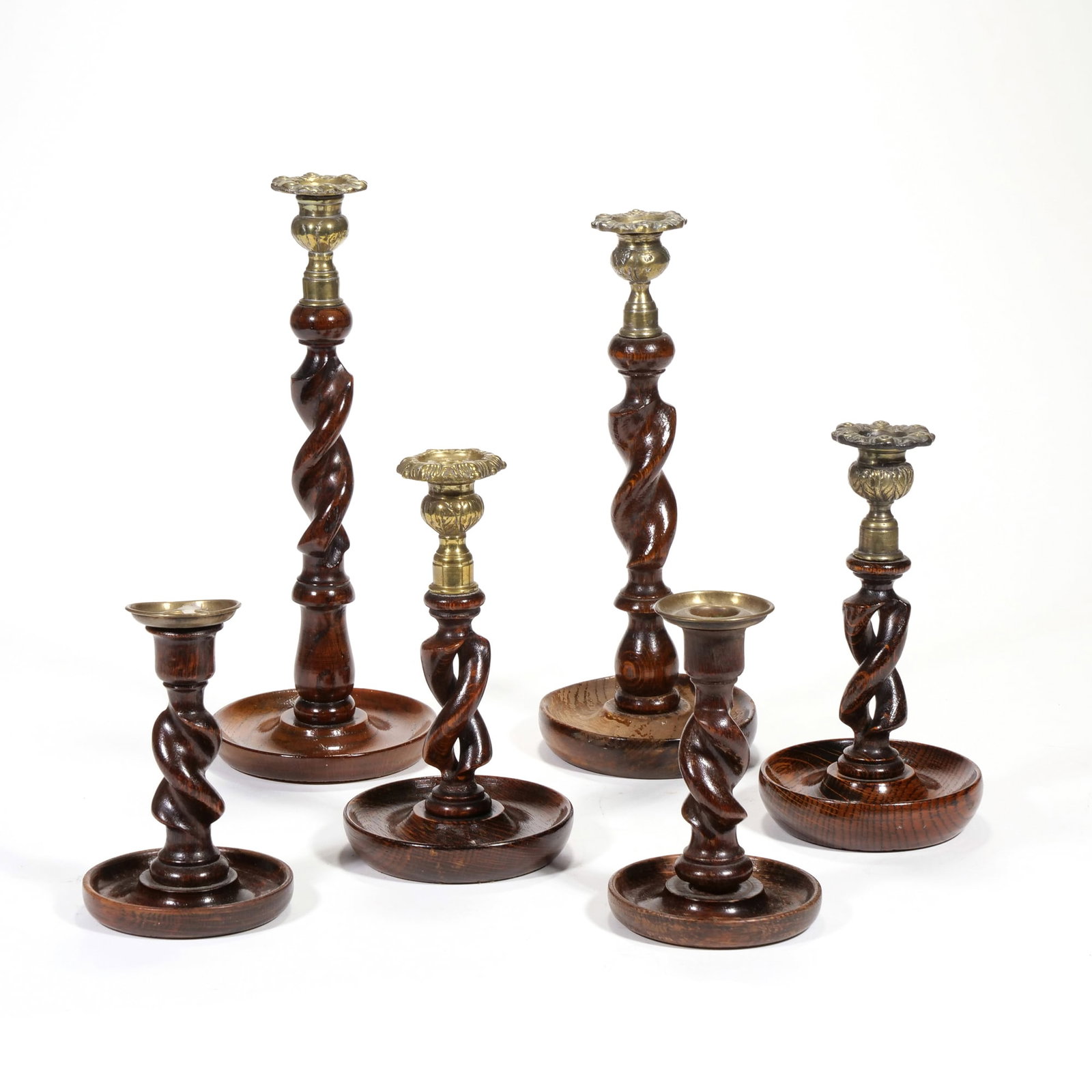 (6pc) BARLEY TWIST CANDLESTICKS: Including 3 pairs of candlesticks - h. 12.75 in. (tallest) Inventory No. 1AA-24 Provenance: From a stately Greenwich, CT home