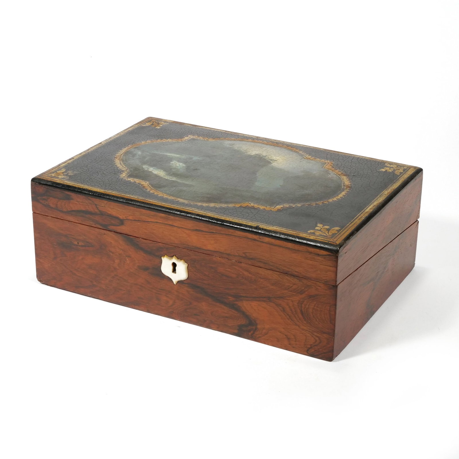 VICTORIAN ROSEWOOD WRITING LAP DESK, WRITING BOX, SLOPE WITH PAINTED LANDSCAPE (1 of 10)