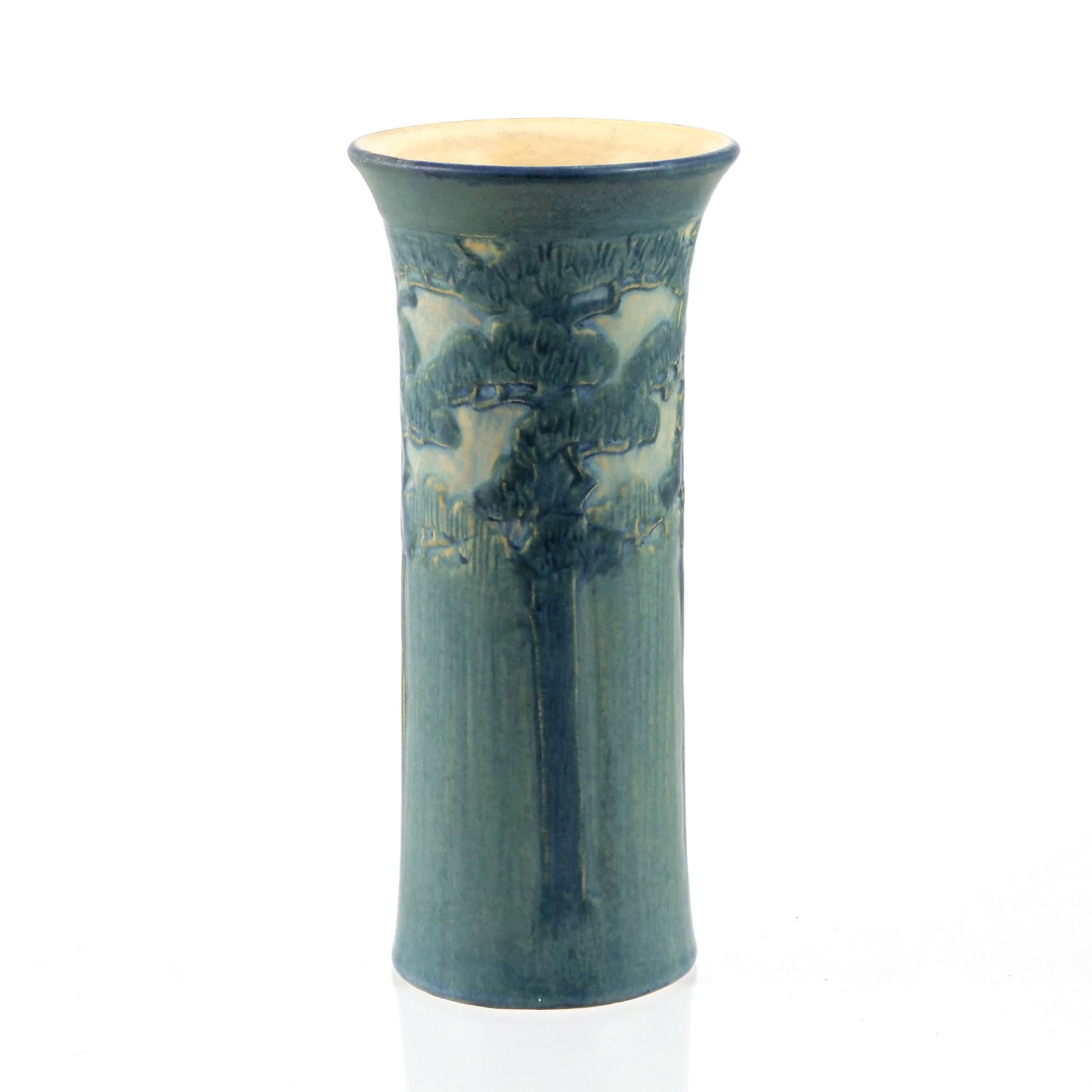 NEWCOMB COLLEGE STUDIO POTTERY VASE: Arts & Crafts ceramic fluted vase with matte greenish blue glaze, marked on base with Newcomb College "NC" cipher, and "AFS" artist initials for Anna Francis Simpson, and potter initials "JM" for 