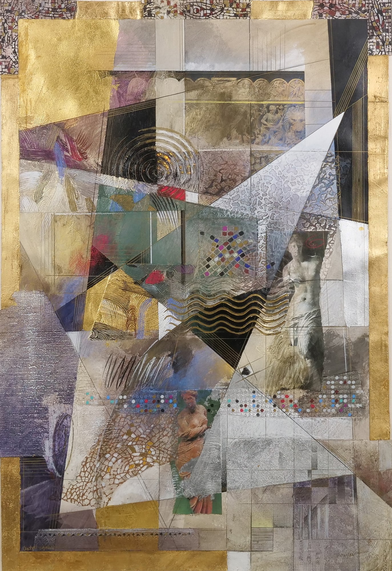 JOHN DOUGLAS (AMERICAN, 20TH/21ST CENTURY) MIXED MEDIA COLLAGE: Central Equation II Mixed media, cut paper, gilded collage h. 44 x 30 in., sheet Titled lower left and signed lower right The composition integrates classical statuary imagery with geometric patterns 