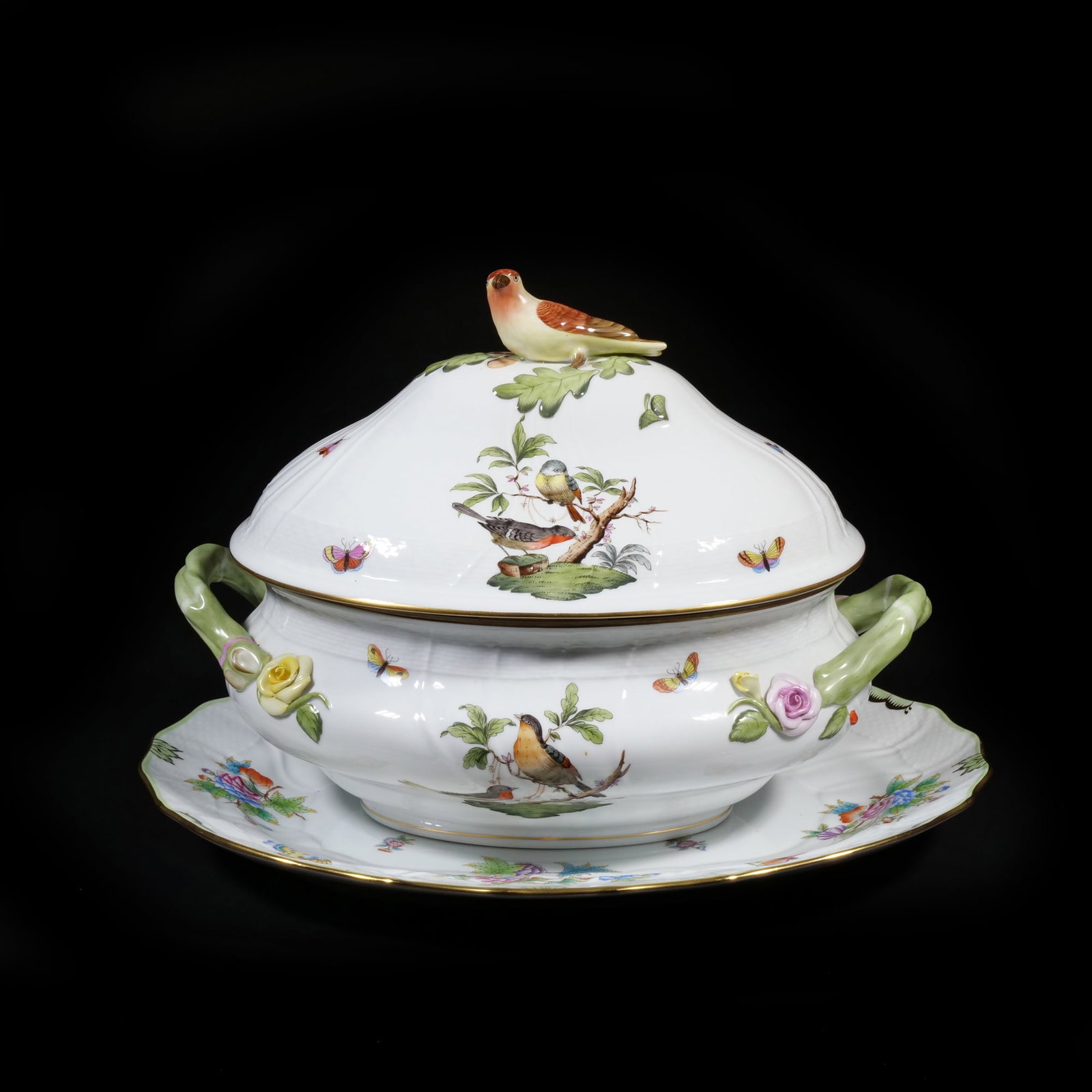 (2pc) BIRD FINIAL LARGE HEREND TUREEN & UNDERPLATE (1 of 12)