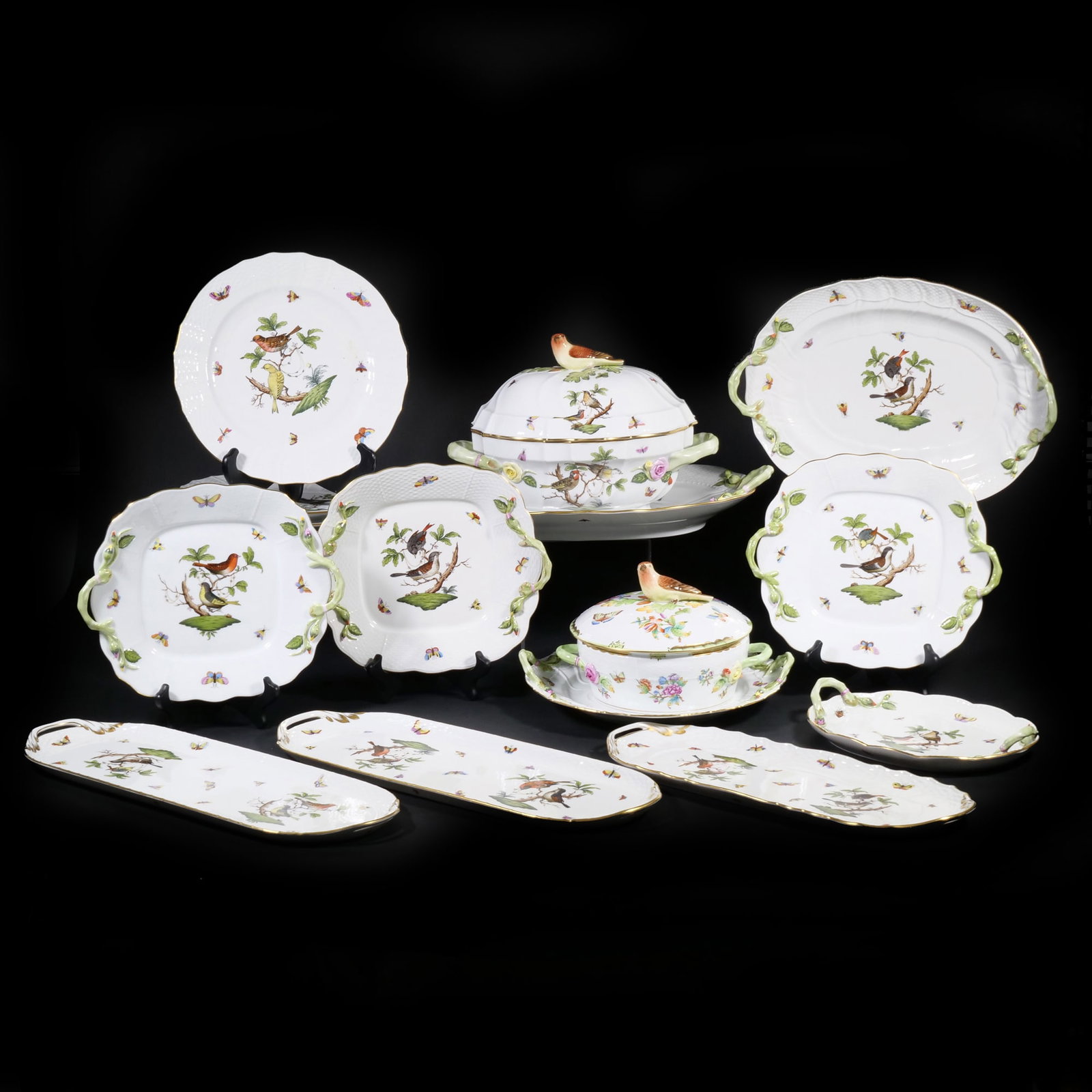 (17pc) HEREND ROTHSCHILD BIRD PORCELAIN SERVICE PIECES AND PLATES (1 of 13)
