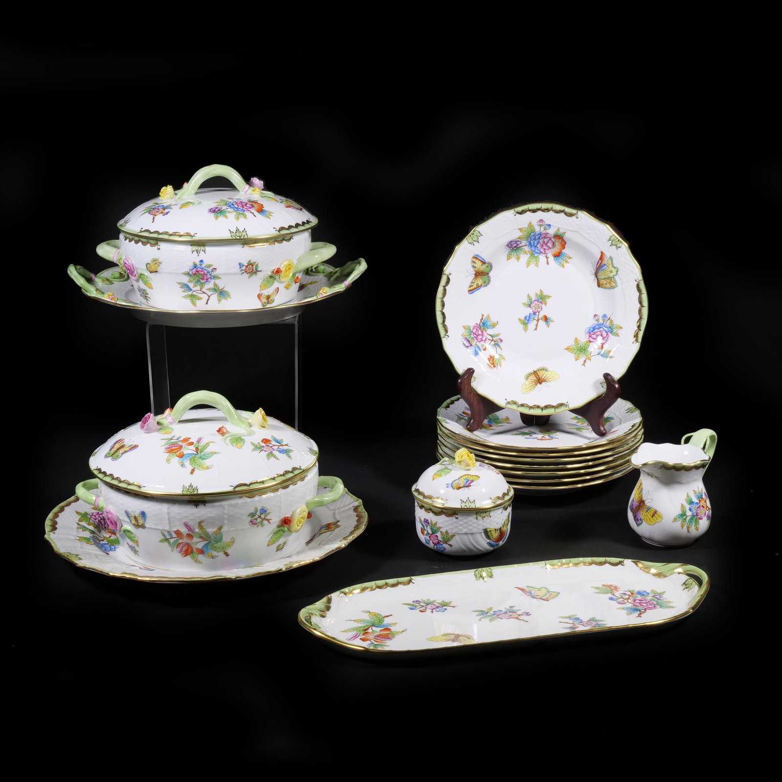 (15pc) HEREND ROTHSCHILD FLOWER PORCELAIN PARTIAL DINNER SERVICE: Comprising 2 covered dishes, a round platter, a double handled platter, 8 dessert plates, and a long tray with an open creamer and covered sugar, each piece is marked on the underside with the blue He