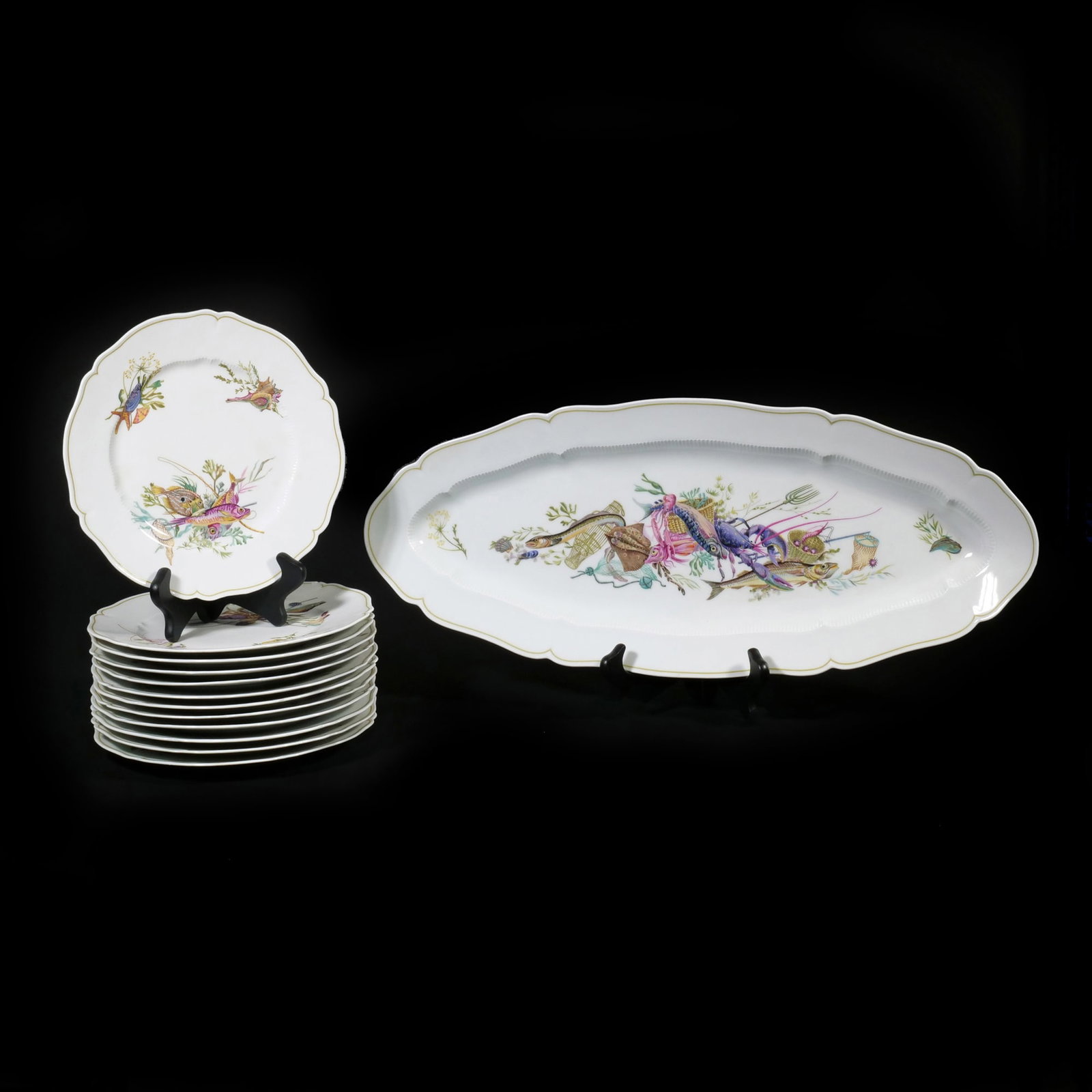 (13pc) HAVILAND LIMOGES CALANQUE PATTERN PORCELAIN FISH SERVICE (1 of 10)