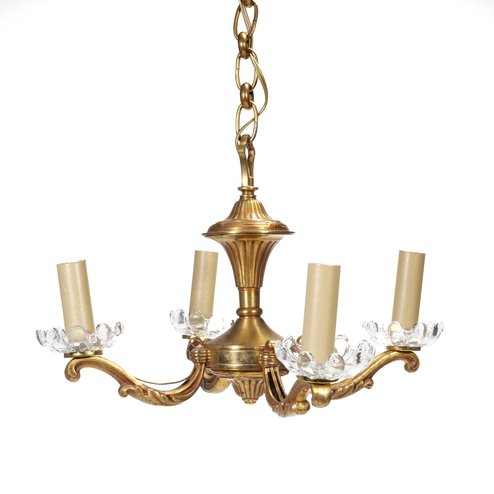 FOUR-LIGHT BRASS CHANDELIER WITH GLASS BOBECHES (1 of 6)