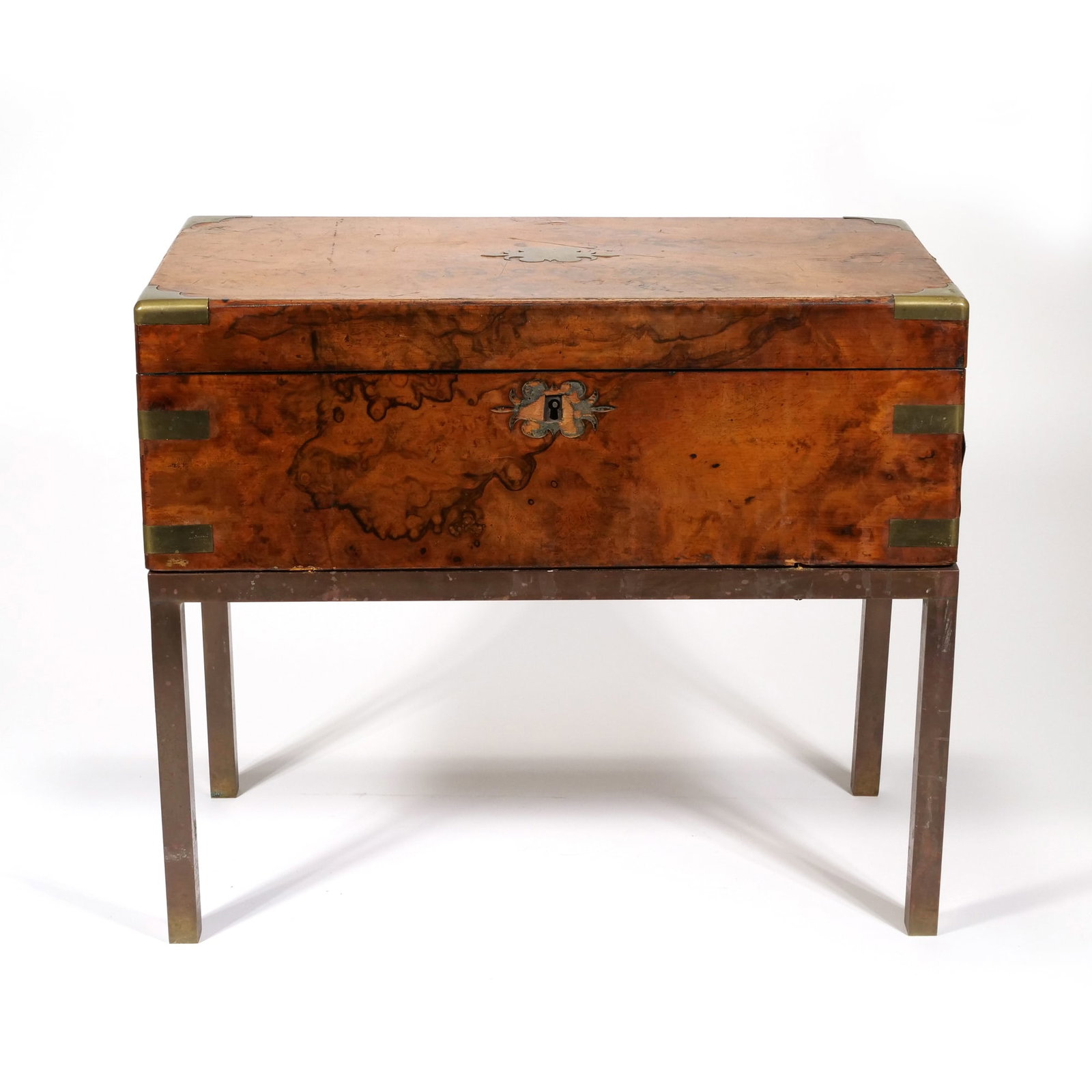 VICTORIAN CAMPAIGN STYLE BURL WALNUT WRITING SLOPE ON STAND (1 of 15)