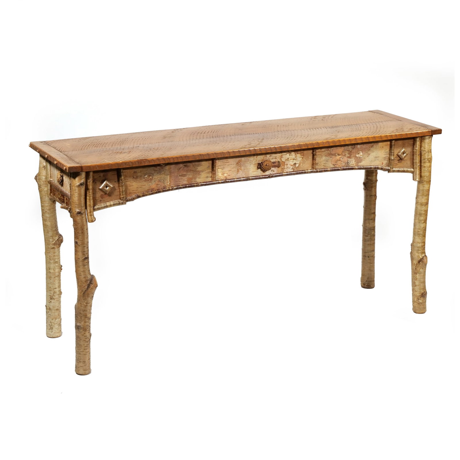 ADIRONDACK ROCK MAPLE LONG TABLE: Console table having a rectangular rock maple top supported by four legs crafted from natural branches. The apron is finished with yellow birch bark and contains a central drawer accented by a pinecon