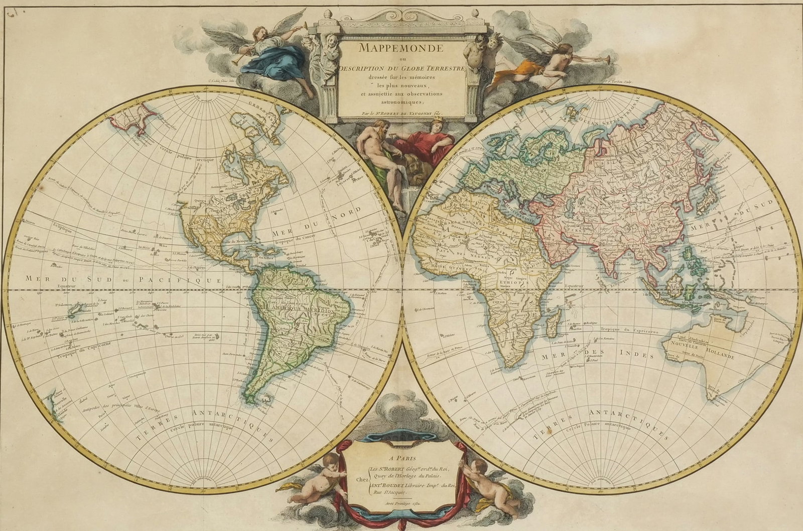 DIDIER ROBERT DE VAUGONDY (FRENCH, 1723-1786) HAND-COLORED ENGRAVING: Mappemonde ou Description du Globe Terrestre Hand-colored engraving on paper h. 19 x w. 28 in., sight Dated 1752 within the cartouche, featuring a double-hemisphere design with allegorical figures,