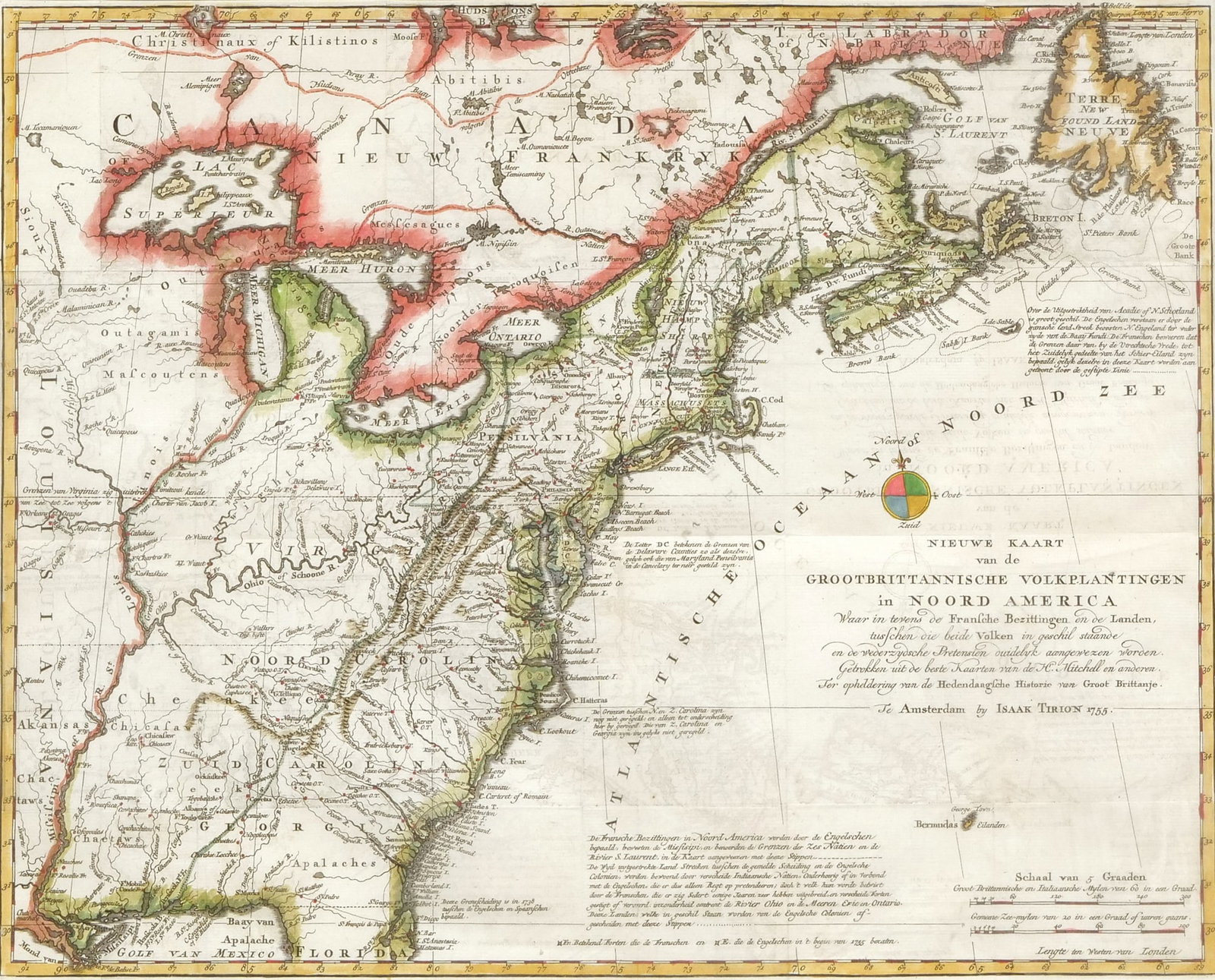 ISAAK TIRION (DUTCH, 1705-1765) HAND-COLORED ENGRAVED MAP: Nieuwe Kaart van de Grootbrittannische Volkplantingen in Noord America Hand-colored engraving on paper h. 14.5 x w. 18 in., sight; h. 22.5 x w. 25.5 in., frame Dated 1755 in the plate, published in