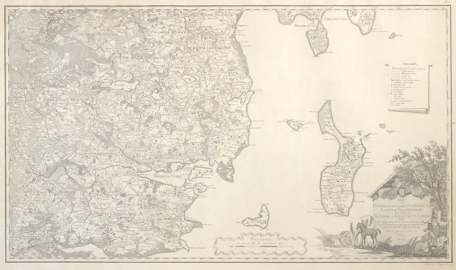 O. WARBERG (DANISH, 1745-1789) AND J. V. ANGELO (DANISH, 1756-1823) ENGRAVED MAP: Kort over Haureballegaards Stiernholms Aakier og Skanderborg Engraving on paper h. 30 x w. 44 in., frame Engraved by J. V. Angelo in 1789 after a 1787 drawing by O. Warberg for the Royal Danish
