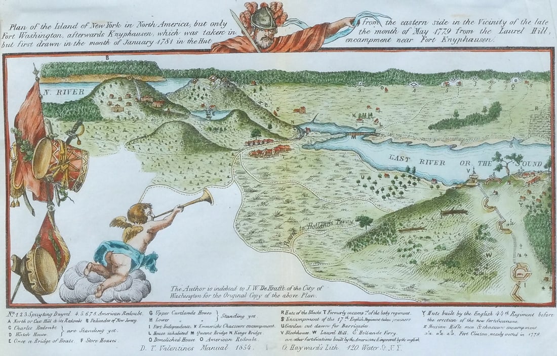 DAVID THOMAS VALENTINE (AMERICAN, 1801-1869) PLAN OF THE ISLAND OF NEW YORK...: Plan of the Island of New York in North America Hand-colored lithograph on paper h. 4.5 x w. 7.5 in., sight Inscribed D. T. Valentines Manual 1854 and G. Hayward's Lith. 120 Water St. N.Y. at the