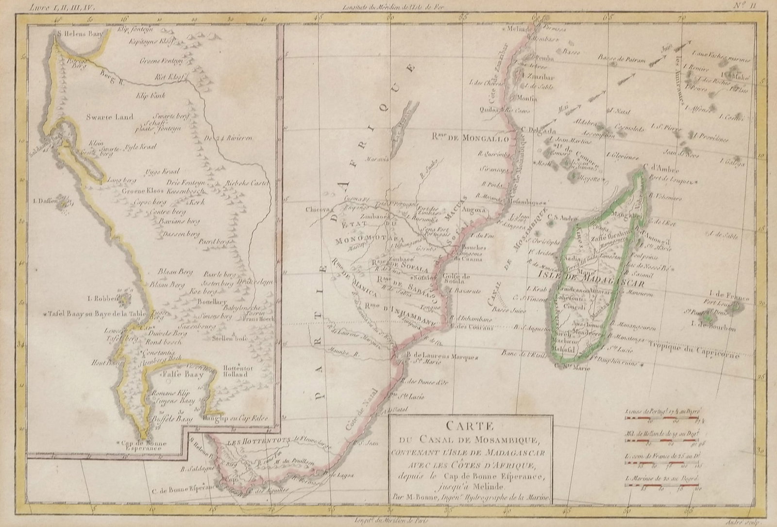 SMALL MAP SOUTH AFRICA: Carte du canal de Mozambique R.Bonne (cartographer) and G. Raynal (publisher) 9 x 13 in. (sight) - h. 16 x w. 20 in. (frame) Inventory No. 77-11 Provenance: From the curated collection of a Rowayton, 