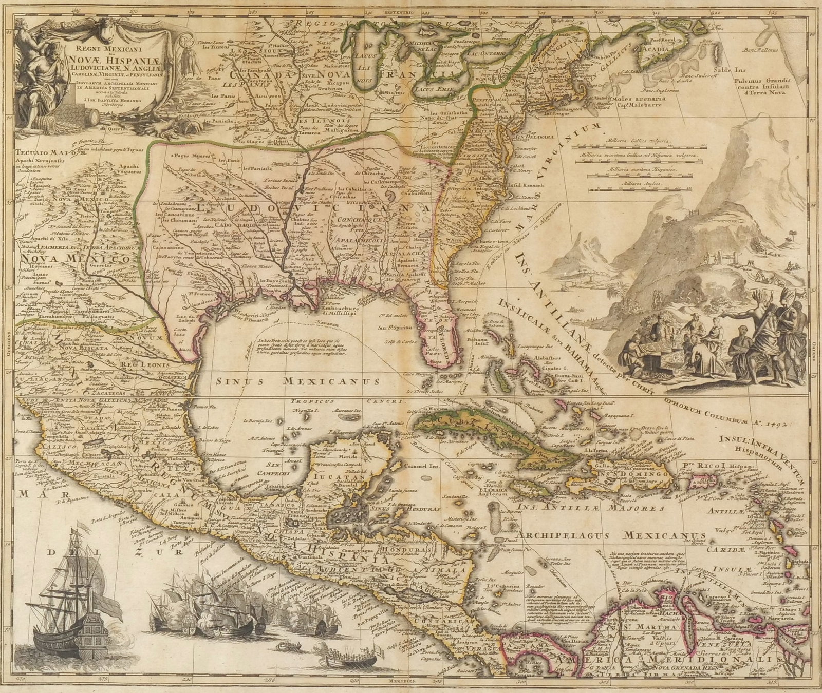 JOHANN BAPTIST HOMANN, REGNI MEXICANI... EARLY MAP OF NORTH AMERICA: Map of North America by Johann Baptist Homann titled, 'Regni Mexicani seu Novae Hispaniae Ludovicianae N. Angliae, Carolinae, Virginia, et Pennsylvaniae'19.25 x 23 in. (sight) - h. 30.5 x w. 33.25