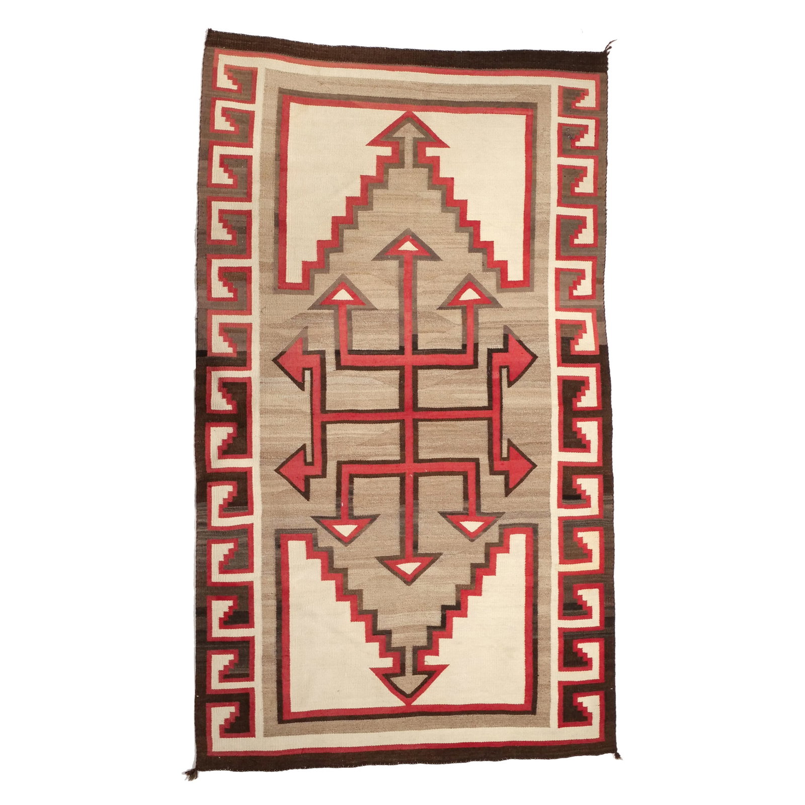 NATIVE AMERICAN BLANKET: Handwoven Navajo style rug or blanket featuring a geometric pattern in shades of brown, red, black and white. - w. 80 x l. 44 in. Inventory No. 64-133 Provenance: Property from The Private Collection 