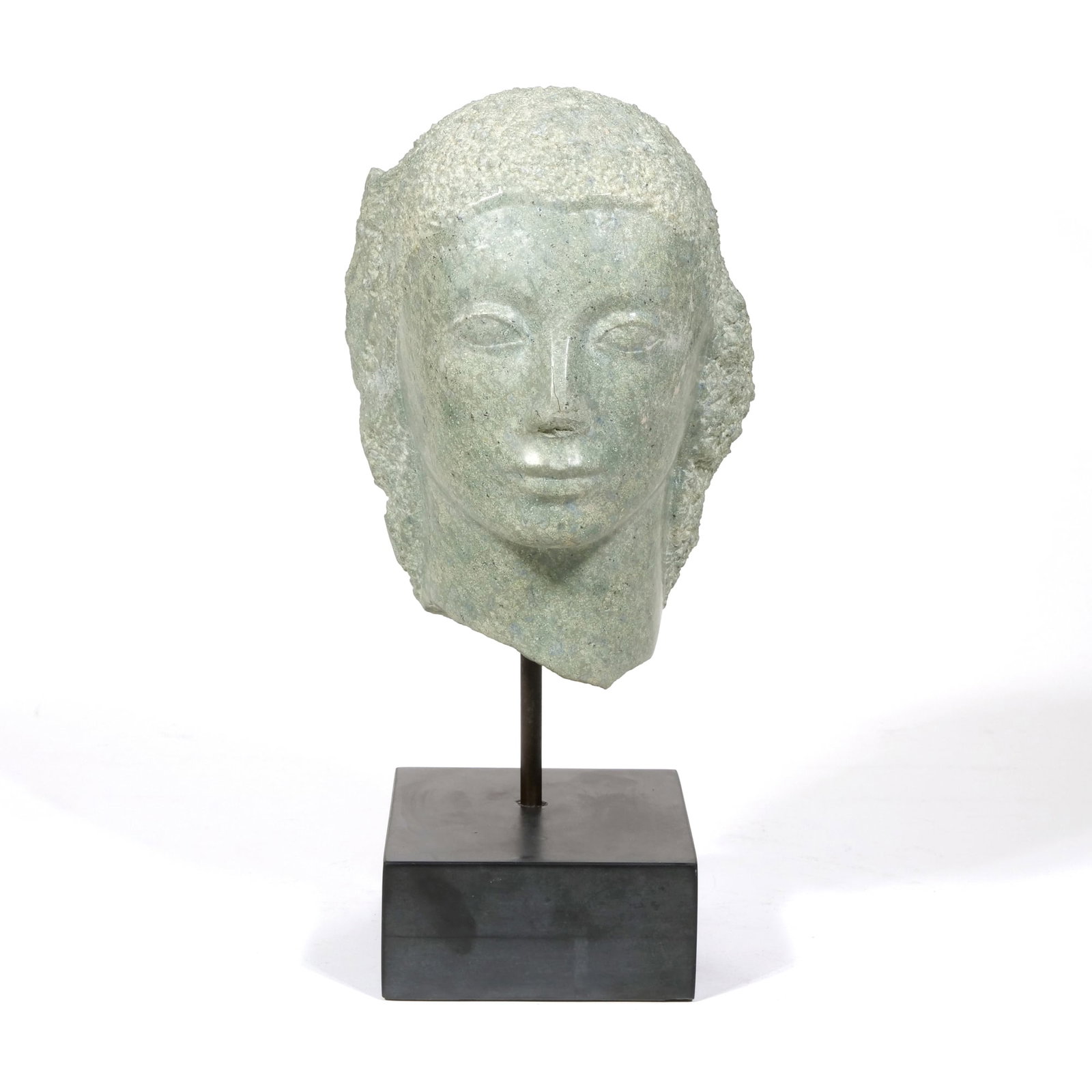 CARVED STONE SCULPTURE OF SELENE: Carved serpentine (or other green stone) bust depicting a study of a head, identified by label on base as 'Selene' from Greek mythology Approx. 8 in high (bust only) - h. 13 x w. 4.25 x l. 5 in. (on b