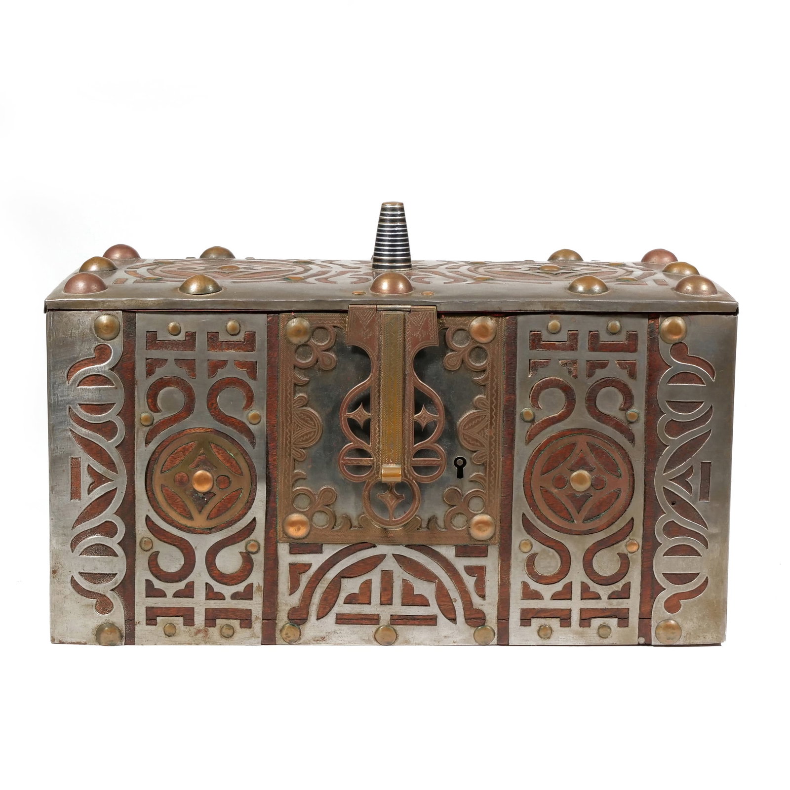 AFRICAN WOOD & METAL OVERLAY BOX: Mauritanian Tuareg wooden box decorated with intricate cut brass, steel and/or other metal overlay, with hinged lid, and red satin upholstered interior - h. 8 x w. 15.5 x d. 8 in. Inventory No. 64-57 
