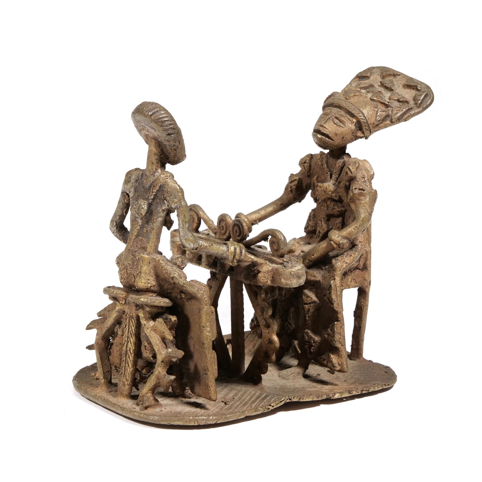AFRICAN SEATED FIGURES BRONZE SCULPTURE: Ashanti tribal bronze figural group, likely from Ghana or other West African region, depicting two figures facing each other across a small board, perhaps playing a game such as Oware - h. 5 x w. 6 x 