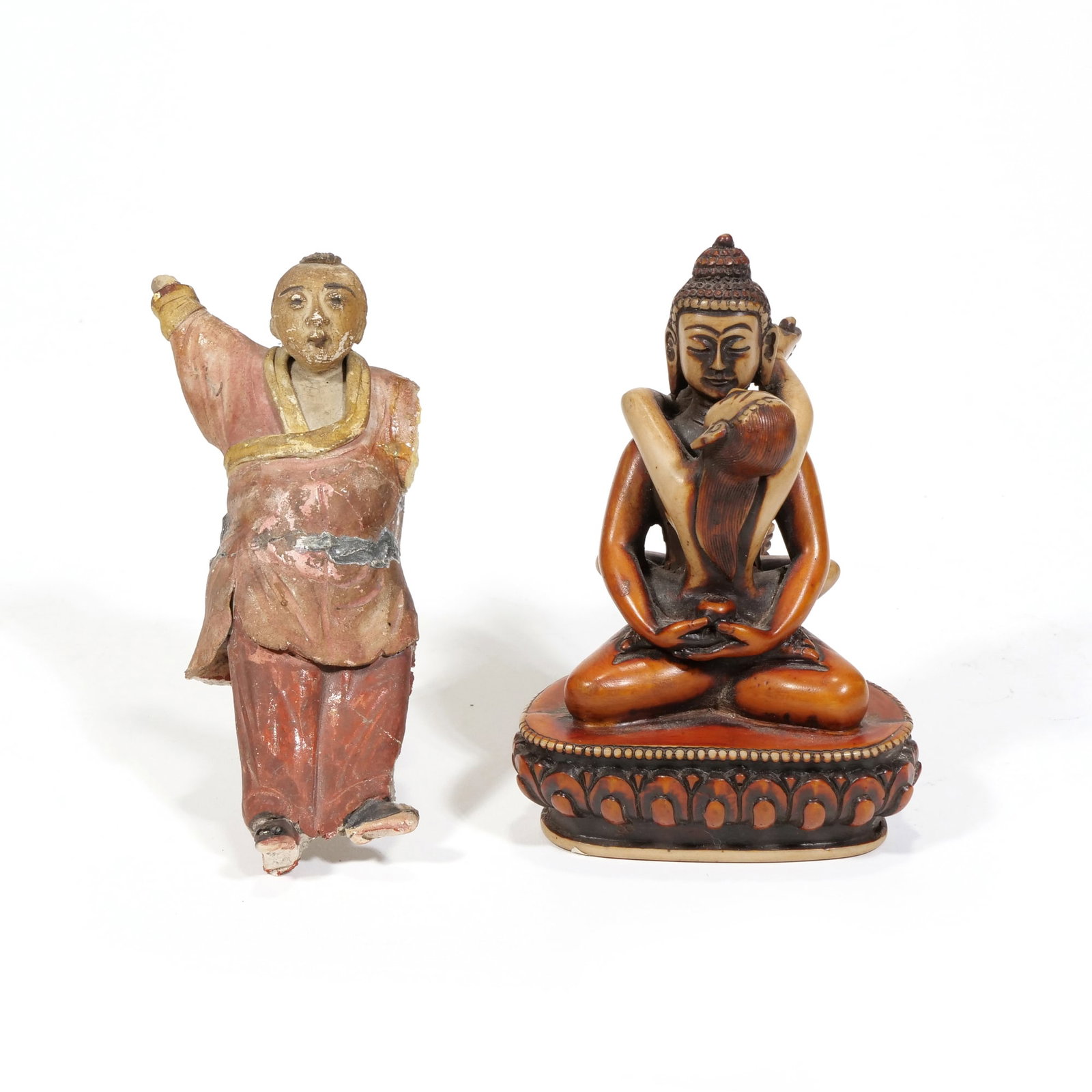 (2pc) CHINESE POLYCHROME POTTERY FIGURE AND TIBETAN BUDDHIST YAB-YUM STATUE: Chinese Attendant and Tibetan Samantabhadra Polychrome terracotta and composite h. 5 x d. 2.25 in., Tibetan figure Includes a standing figure with red and gold pigment remnants and a seated deity