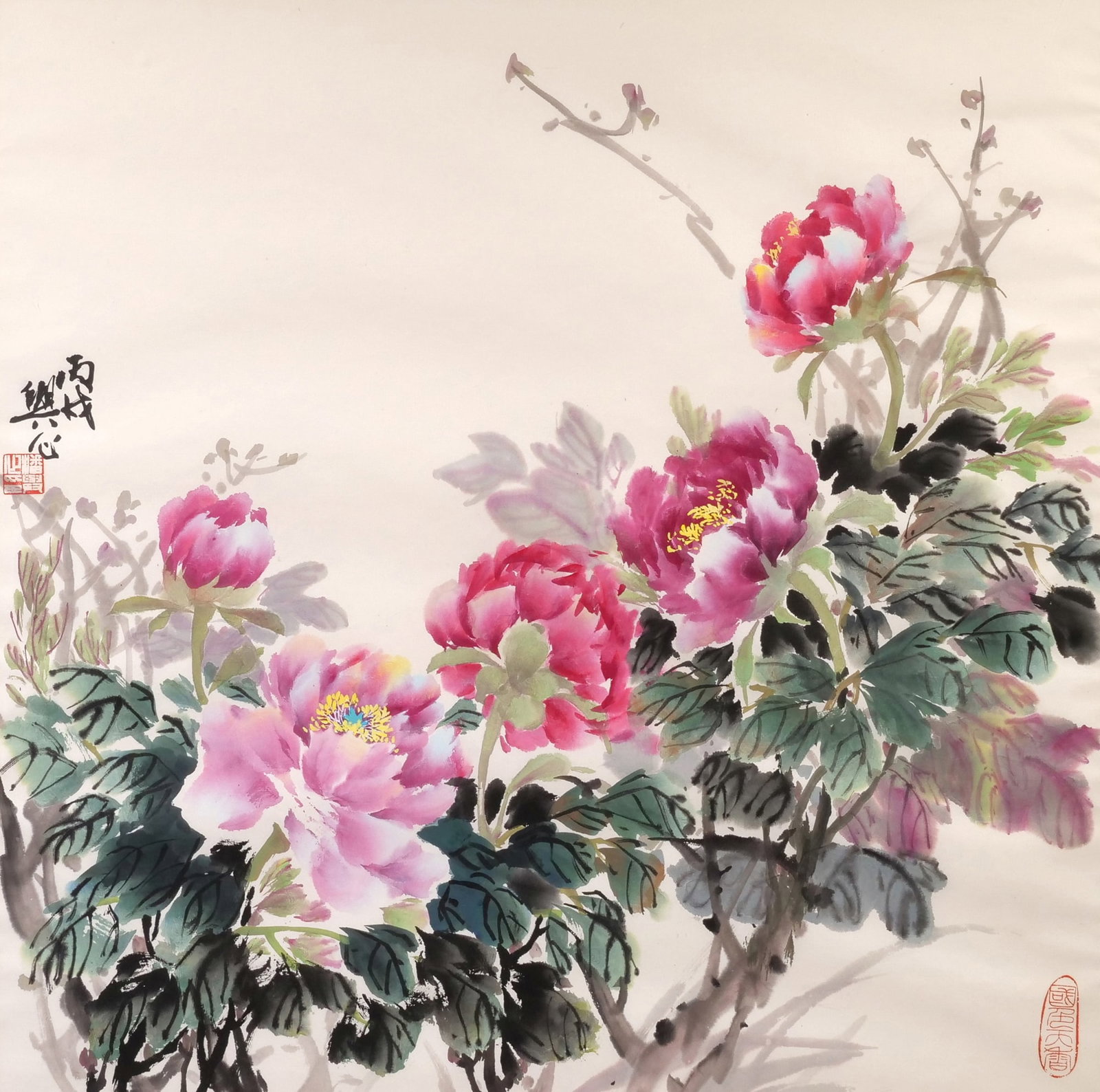 CINDY P. LIU (TAIWAN) WATERCOLOR: Watercolor on paper 26.5 x 26.5 in. (sight) Signed in black and with artist's red seal stamp at center left, and with red seal mark to bottom right Depicting peony flowers in bloom (often considered a