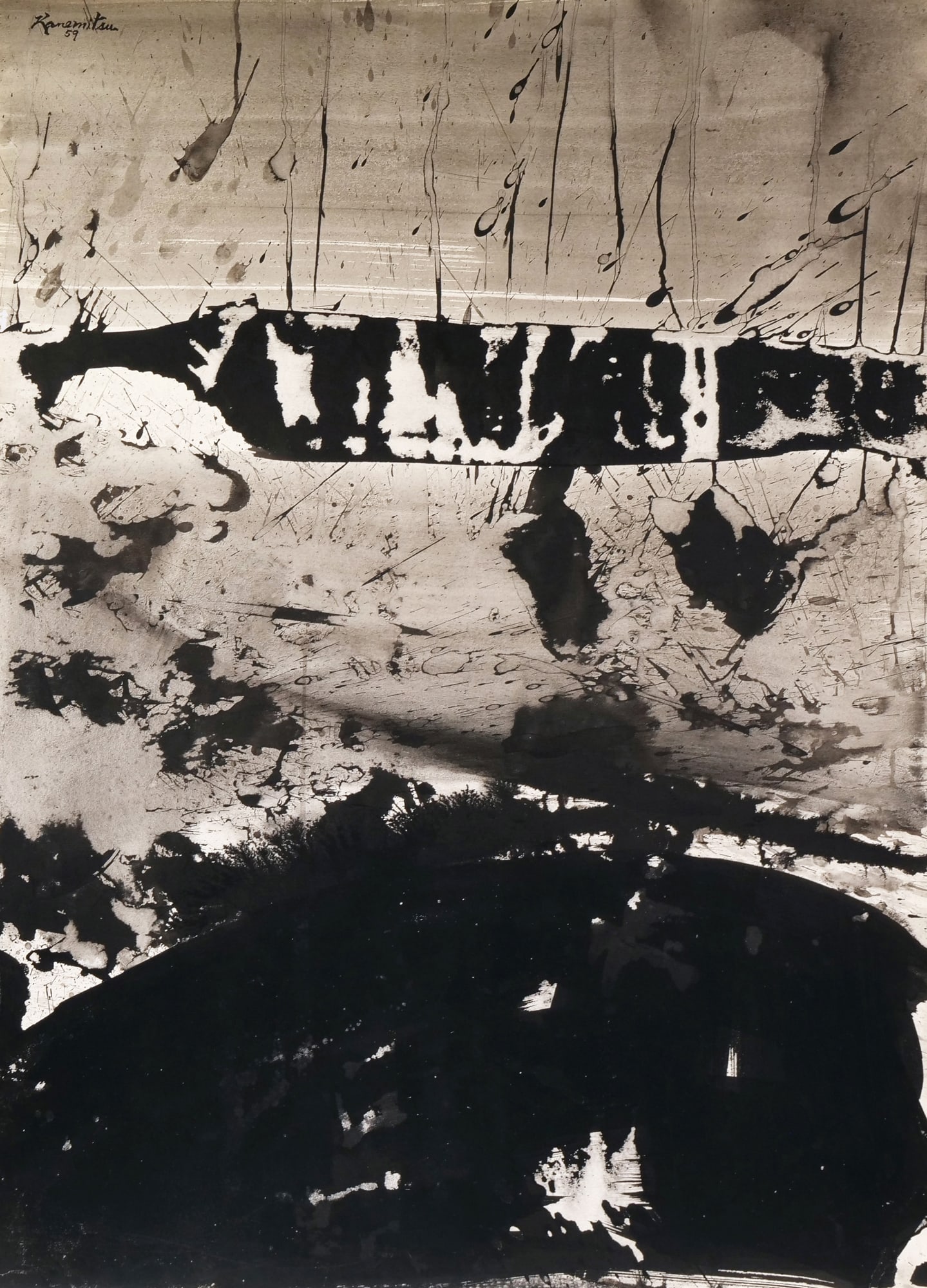 MATSUMI KANEMITSU (JAPANESE/AMERICAN, 1922-1992) SUMI INK ON BOARD: THIRTEEN wash drawing (sumi ink and wash on board) h. 29.5 x w. 21.5 in., sight Signed and dated "Kanemitsu 59" upper left. This monochromatic abstract composition features gestural black ink applicat
