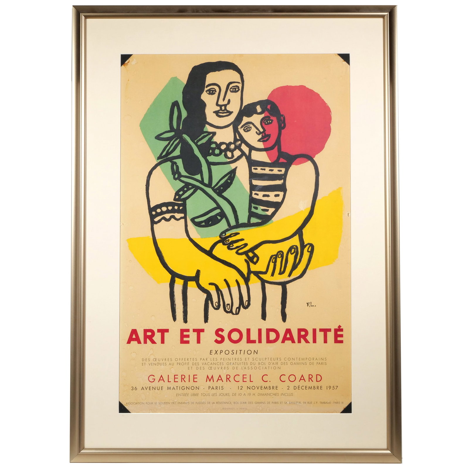 FERNAND LEGER 'ART ET SOLIDARITE' POSTER: Art et Solidarte [Art & Solidarity] lithograph poster from a 1957 Fernand Leger art exhibition at Galerie Marcel C. Coard 29 x 18.5 in. (sight) - h. 37.25 x w. 27 in. (frame) Inventory No. 64-73 Prove