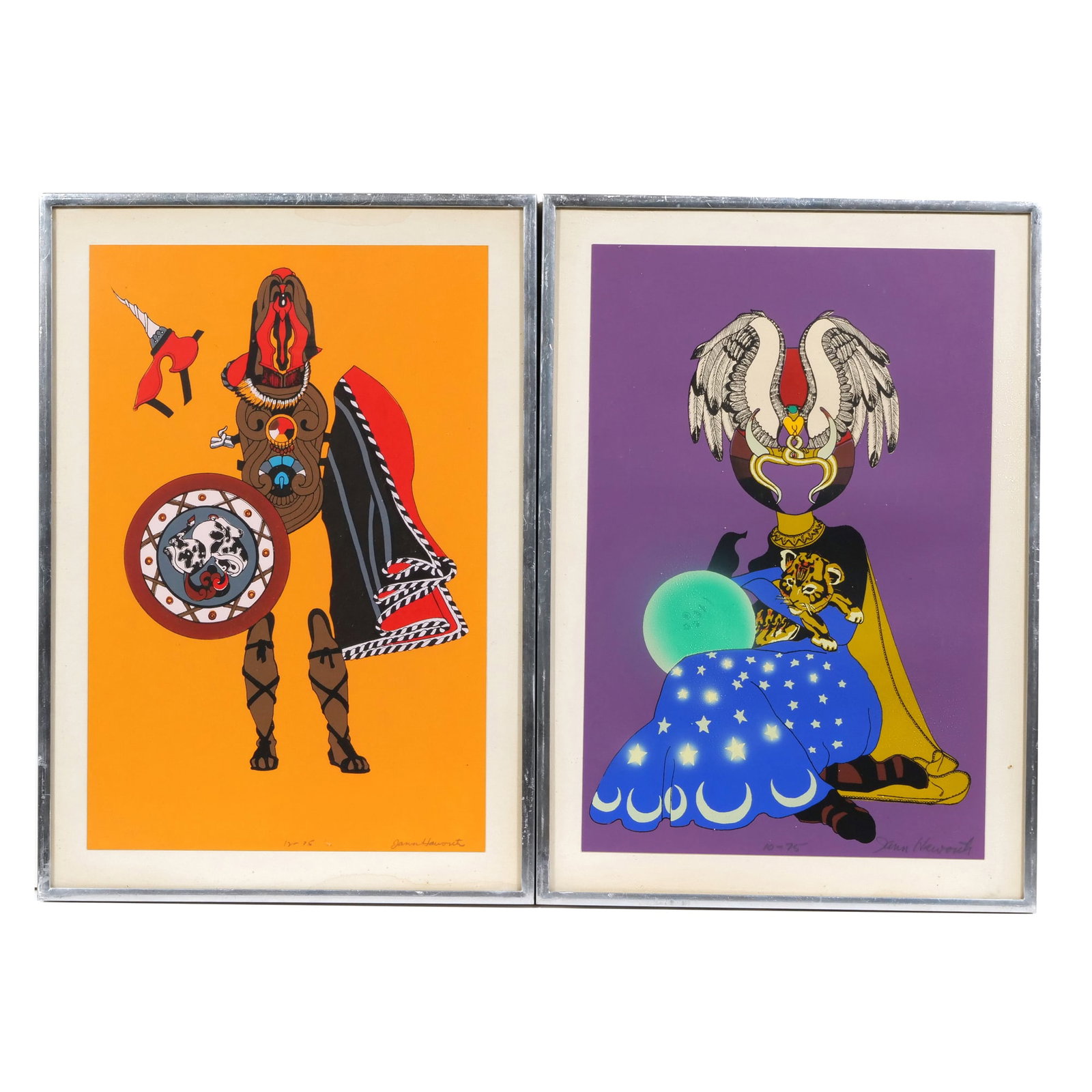 (2pc) JANN HAWORTH (B.1942) SCREENPRINTS: Two framed color screen prints including "House Lord, 1971" - an abstraction of a gladiator with an orange background, pencil-signed bottom right, and "Young Witch, 1971" - an unsigned depiction of an