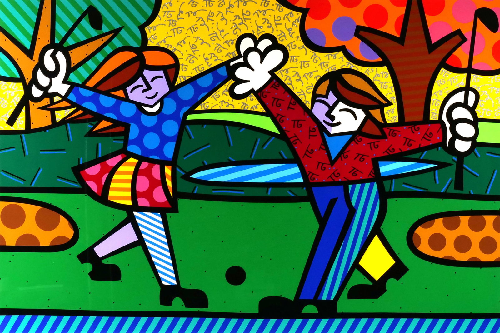 ROMERO BRITTO (BRAZIL, B. 1963): Happy Ending, 1995 Limited edition hand embellished serigraph&nbsp; 31.25 x 45.5 in. (sight) Numbered 136/300 at bottom right and pencil signed bottom left A colorful depiction of a man and woman 