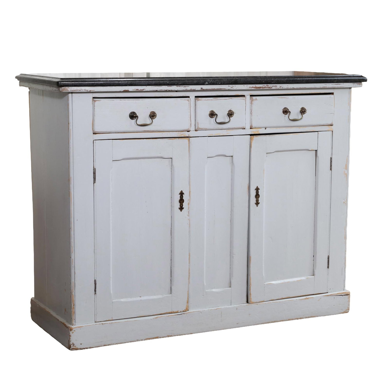 SCOTTISH PINE AND STONE TOP SERVER, DISTRESSED BLUE PAINT: This 19th-century server is constructed of pine with a distressed light blue painted finish and a polished black stone top. The front is configured with three drawers featuring brass bail handles over
