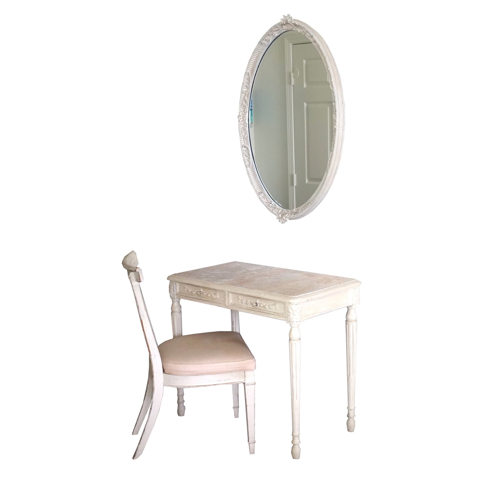 (3pc) COIFFEUSE ENSEMBLE; LOUIS XVI STYLE WHITE PAINTED TABLE, PLUS CHAIR & MIRROR (1 of 15)