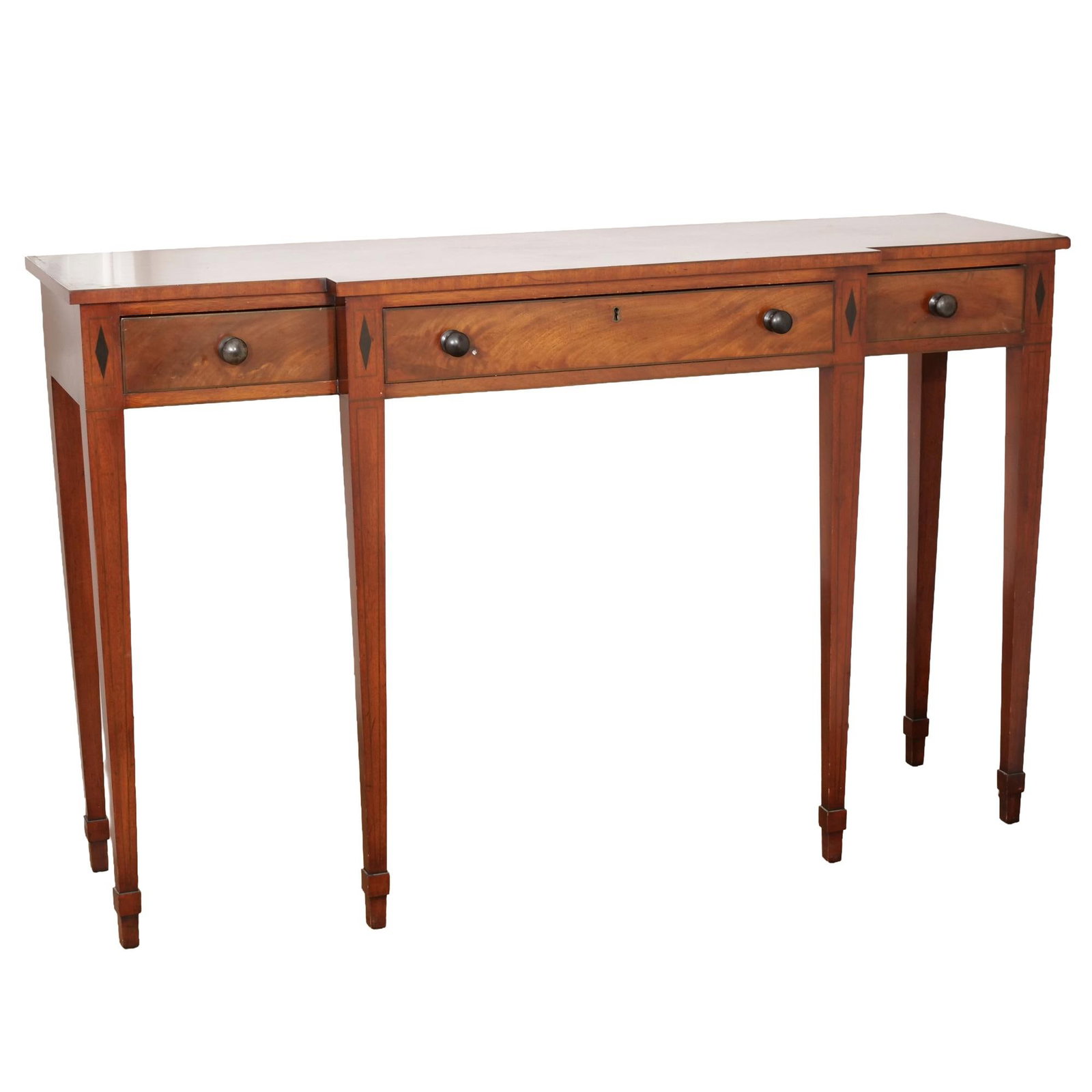 INLAID MAHOGANY REGENCY STYLE SERVER WITH THREE DRAWERS: Mahogany server featuring a rectangular top and three drawers accented with light wood string inlay and dark diamond-shaped motifs. The central drawer includes a keyhole and is flanked by two smaller 