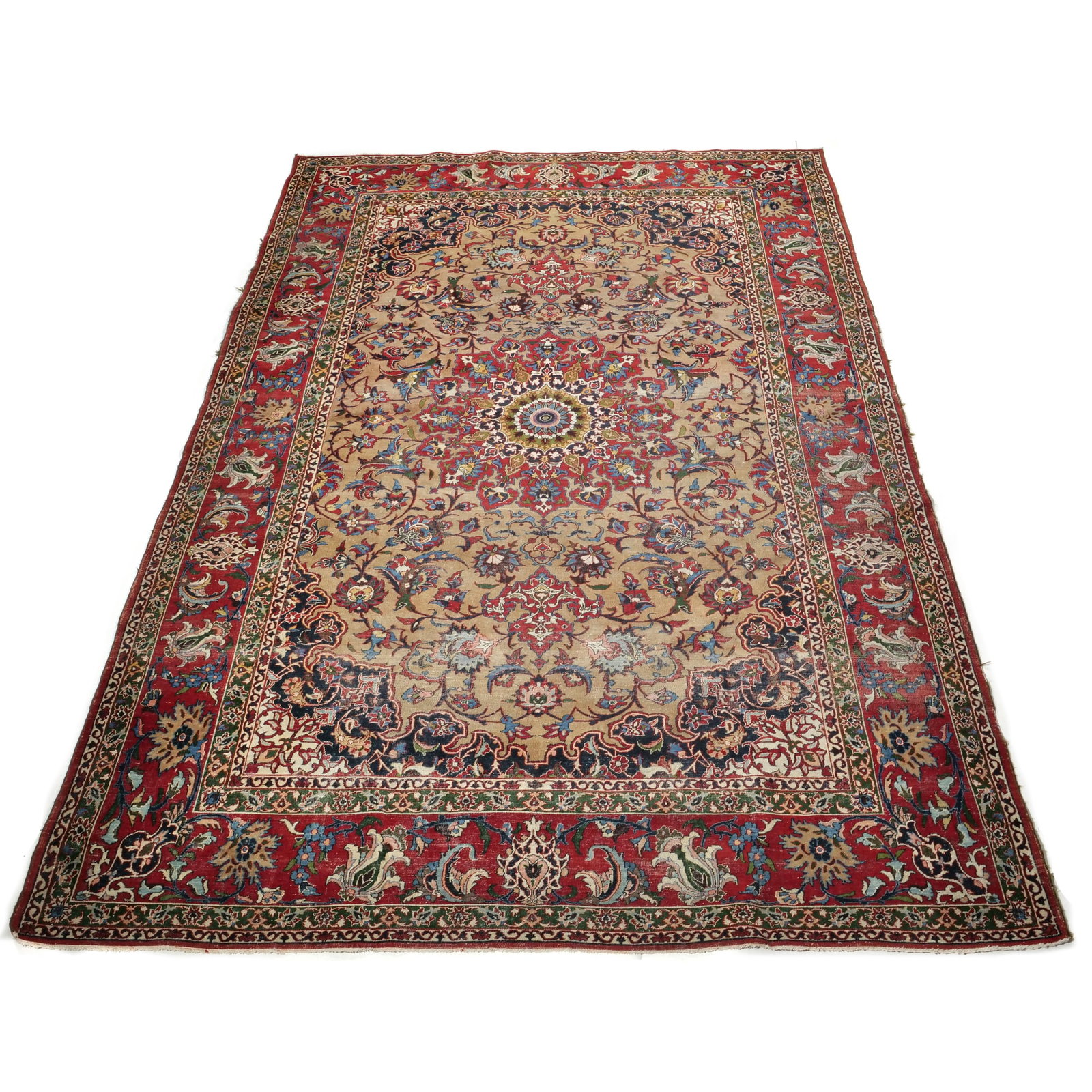 PERSIAN KASHAN RUG, MEDALLION FLORAL DESIGN: Hand-knotted wool Persian Kashan carpet with an overall central medallion and allover floral vine motifs. Beige/tan field with red, navy/indigo, light blue and green accent colors. Wide red outer bord