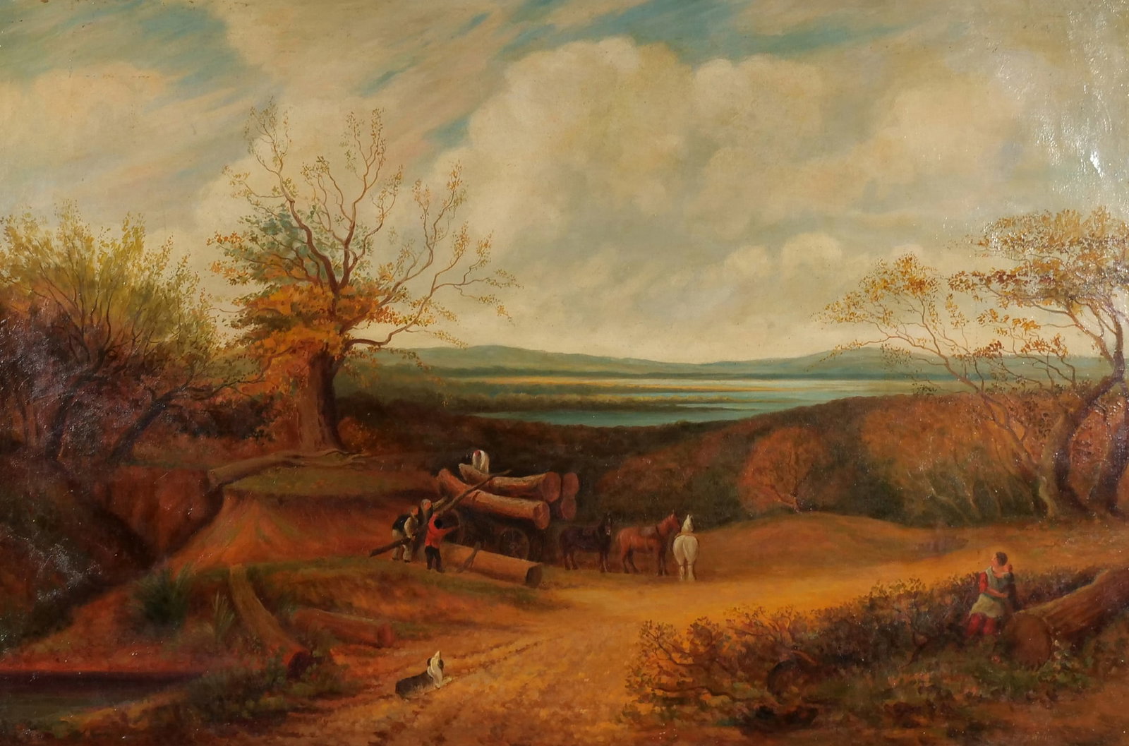 AMERICAN SCHOOL OIL PAINTING (19TH CENTURY), WILLIS: Untitled Oil on canvas h. 25.5 x w. 38.5 in., sight Signed lower right "H. (?) Willis" Depicting a logging scene with figures, horses, and a wagon beside a body of water, with a woman and child seated