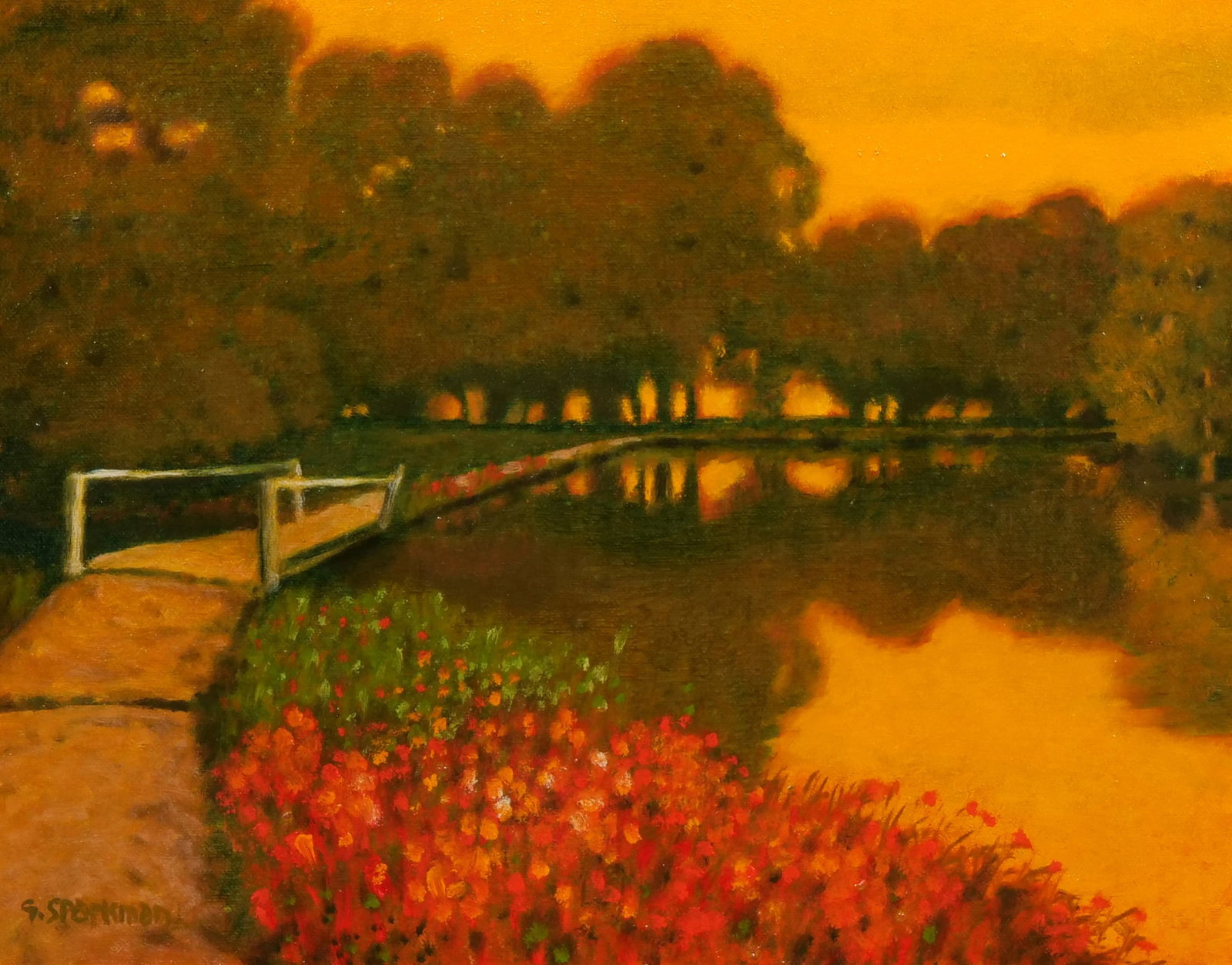 GENE SPARKMAN (AMERICAN, 1937-2021) OIL ON CANVAS: Marmalade Pond Oil on canvas h. 11 x w. 14 in., stretcher Signed lower left and pen-titled on the reverse of the stretcher. The painting depicts a sunset-toned landscape with a central pond reflecting