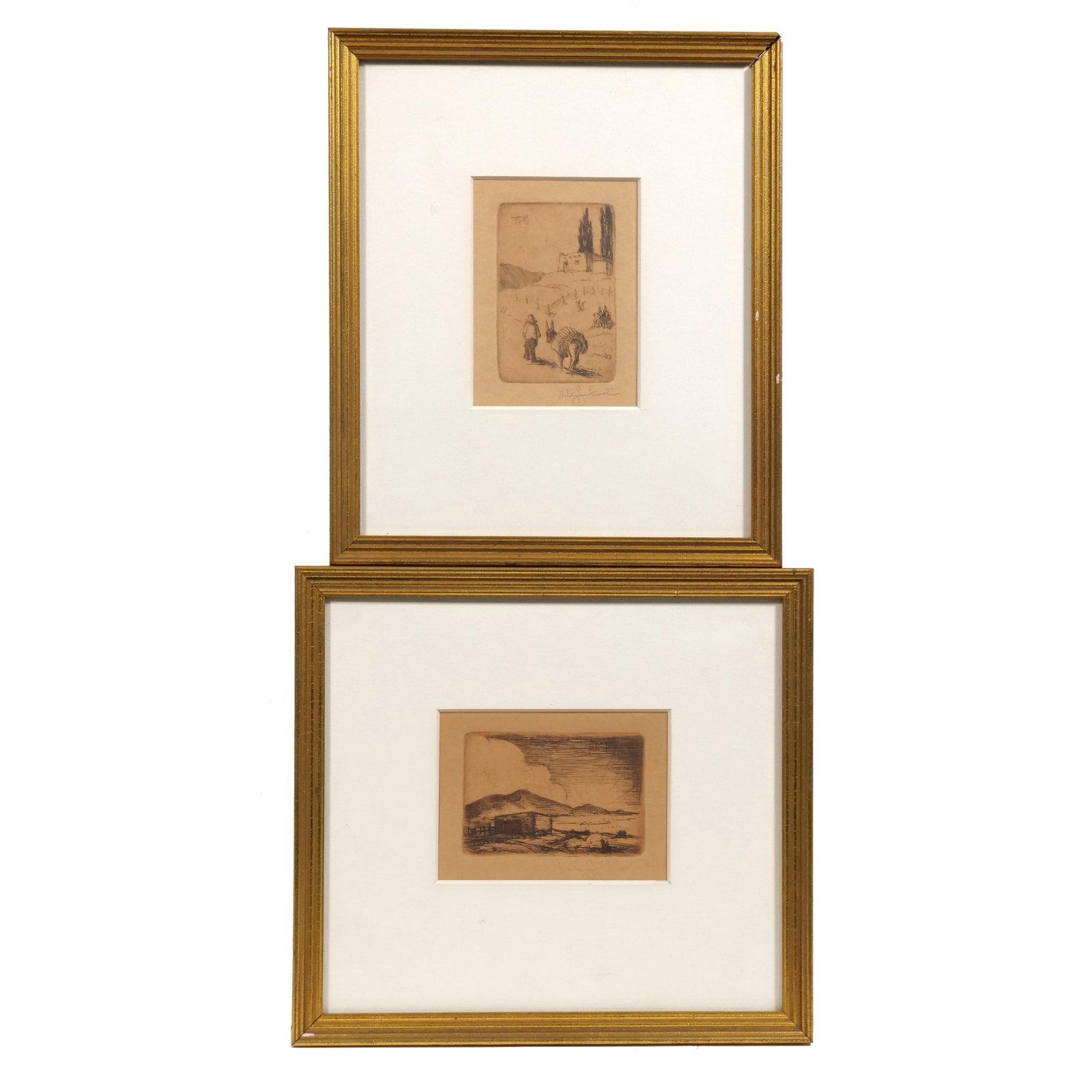 (2pc) WILL SHUSTER (AMERICAN, 1893-1969) ETCHINGS: Untitled (Southwest Scenes) Etchings on paper h. 9 x w. 7.5 in., each frame Each signed in pencil lower right; one includes a monogram and date '25' in plate; both are housed in matching gold-toned fl
