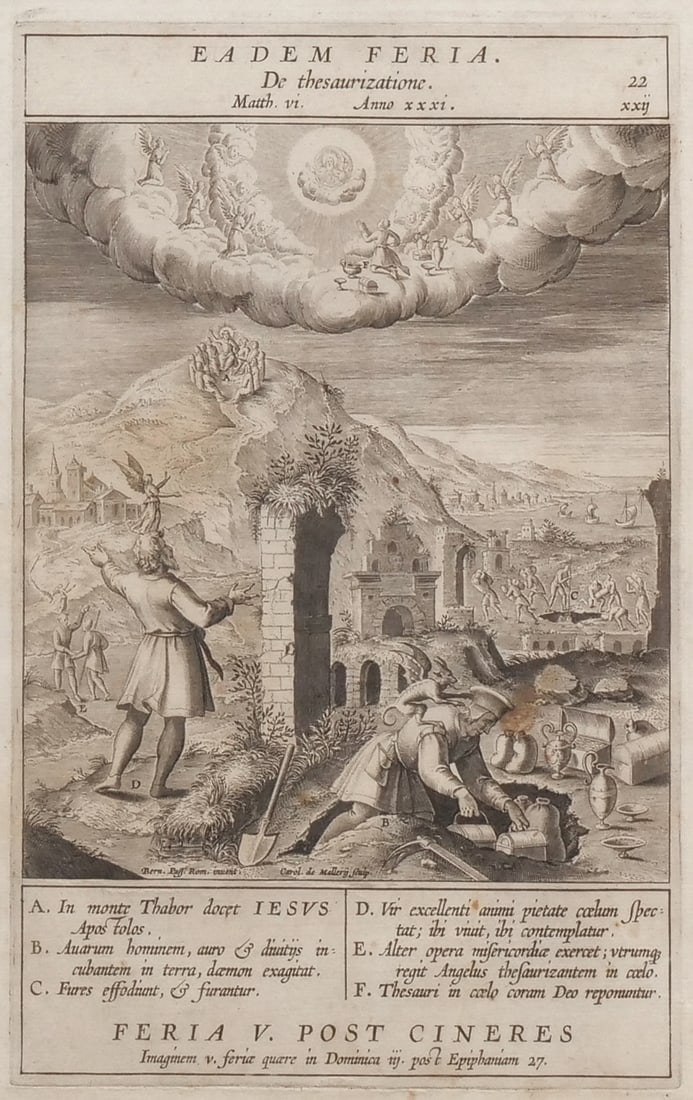 KAREL VAN MALLERY (FLEMISH, 1571-1635) ENGRAVING AFTER BERNARDINO PASSERI: EADEM FERIA. De thesaurizatione. Engraving on paper 9 x 5.5 in. (sight) Signed in plate lower center "Bern. Pass. Rom. invent." and "Carol. de Mallery sculp." and numbered 22 in upper right. The work 