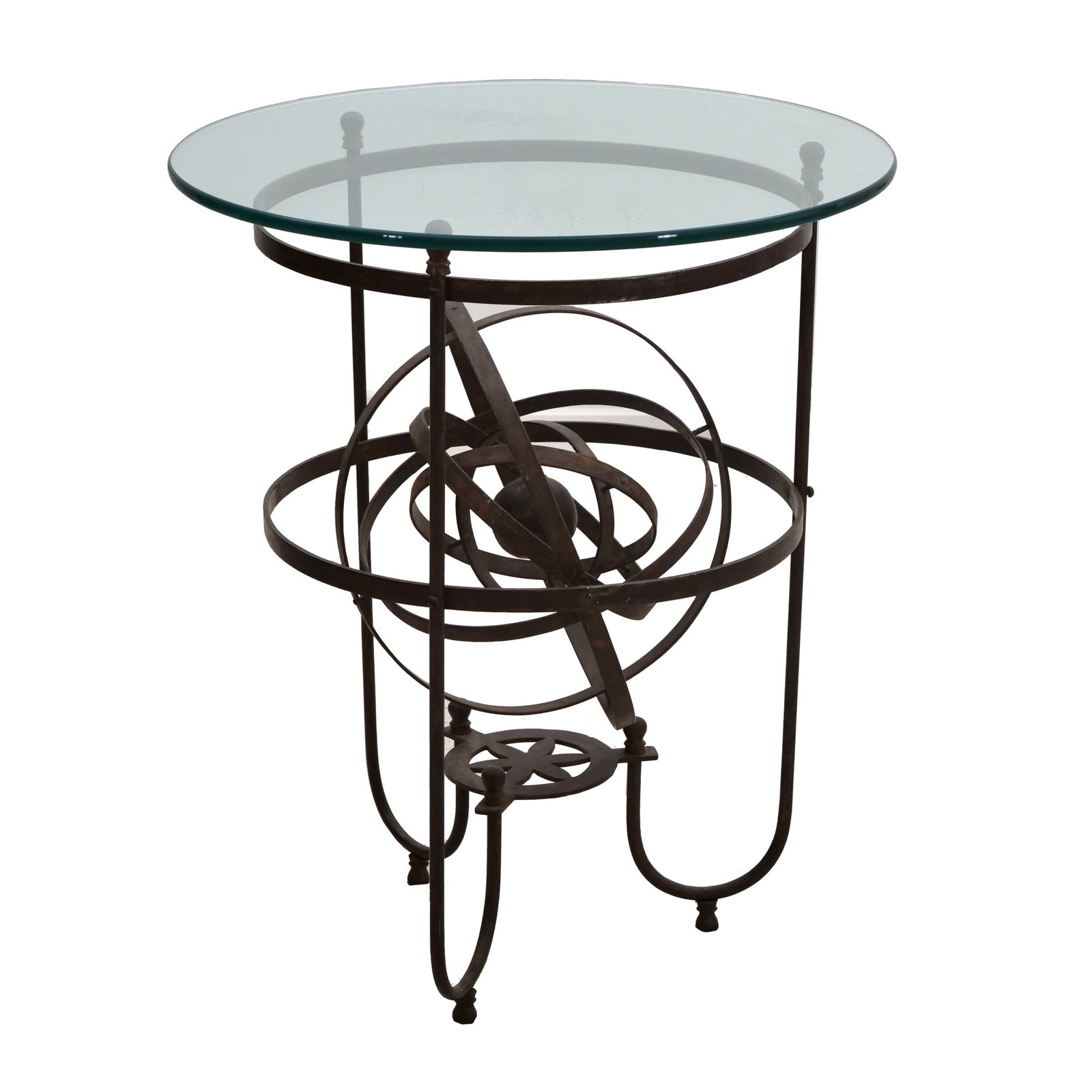PATINATED METAL AND GLASS ARMILLARY SPHERE SIDE TABLE (1 of 7)
