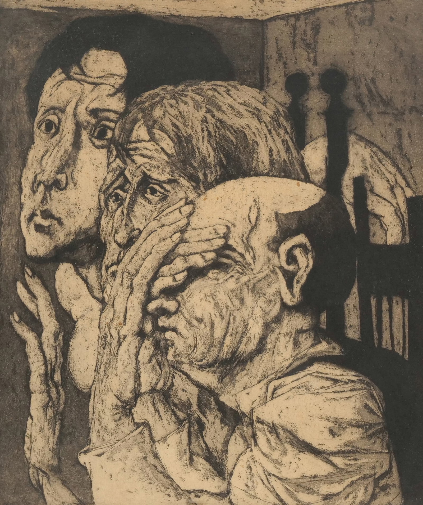 [DEDICATED] FEDERICO CASTELLON (SPANISH/AMERICAN, 1914 - 1971) LITHOGRAPH: The Bereaved Aquatint and etching 10.75 x 9 in. (sight) Pencil signed lower right, numbered 6/50 and dedicated "To Chaim, affectionally" lower left Published by Federico Castellon, c. 1950, from the