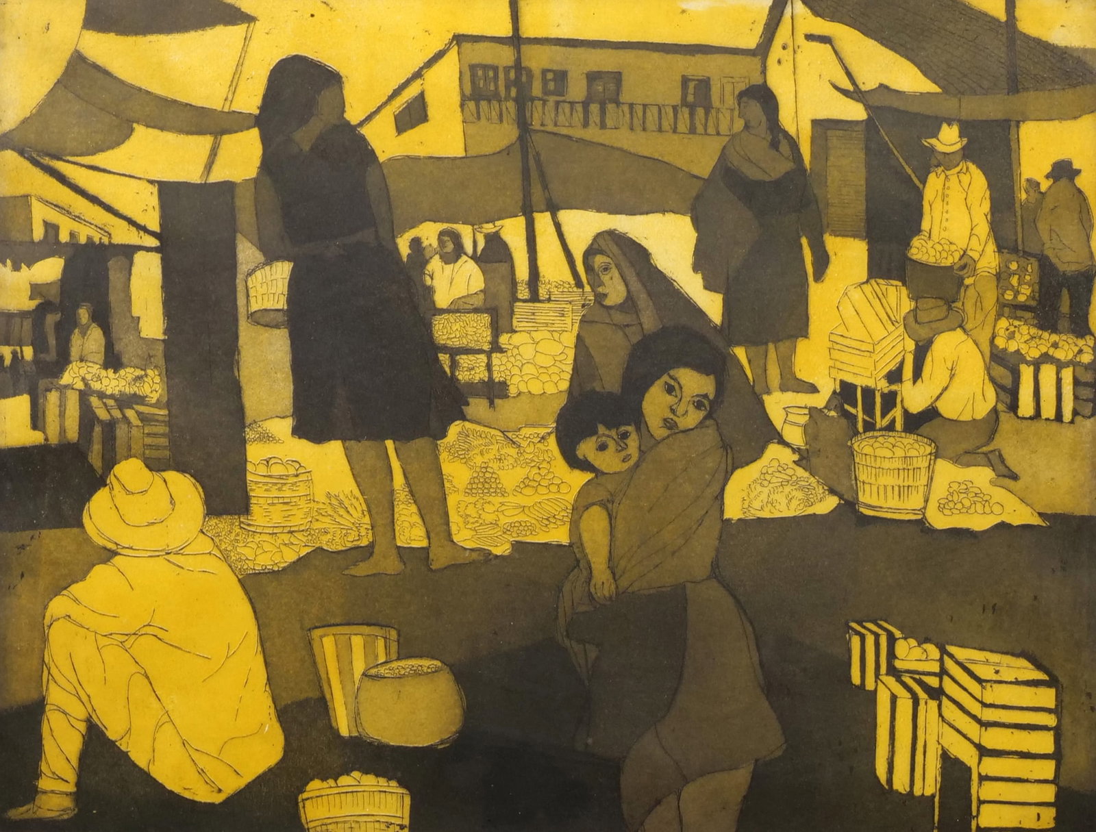 JACK BILANDER (POLISH/AMERICAN, 1919 2008) ETCHING: Marketplace, MexicoTitled lower left, signed and dated '62 lower right, and numbered 2/35 lower centerDepicting a busy market scene in Mexico, in yellow tones15.5 x 20 in (sight) - h. 22 x w. 27 in.