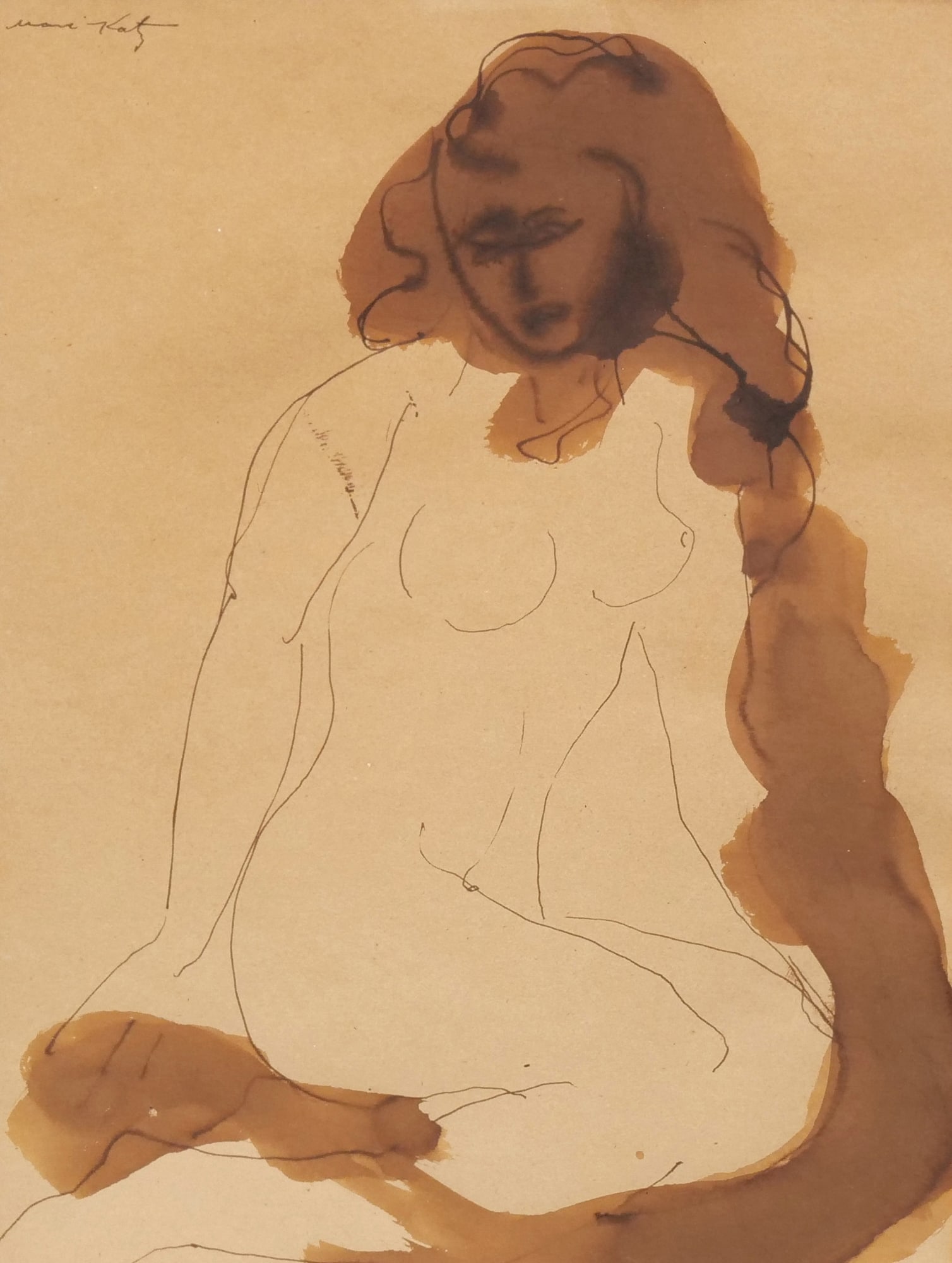 EMMANUEL MANE-KATZ (UKRAINIAN/FRENCH, 1894-1962) INK AND WATERCOLOR ON PAPER: untitled Ink and watercolor on paper h. 11.25 x w. 8.5 in., sight Signed upper left; the work depicts a nude figure with minimalist line work and brown washes, housed in a carved gilt frame with a cre