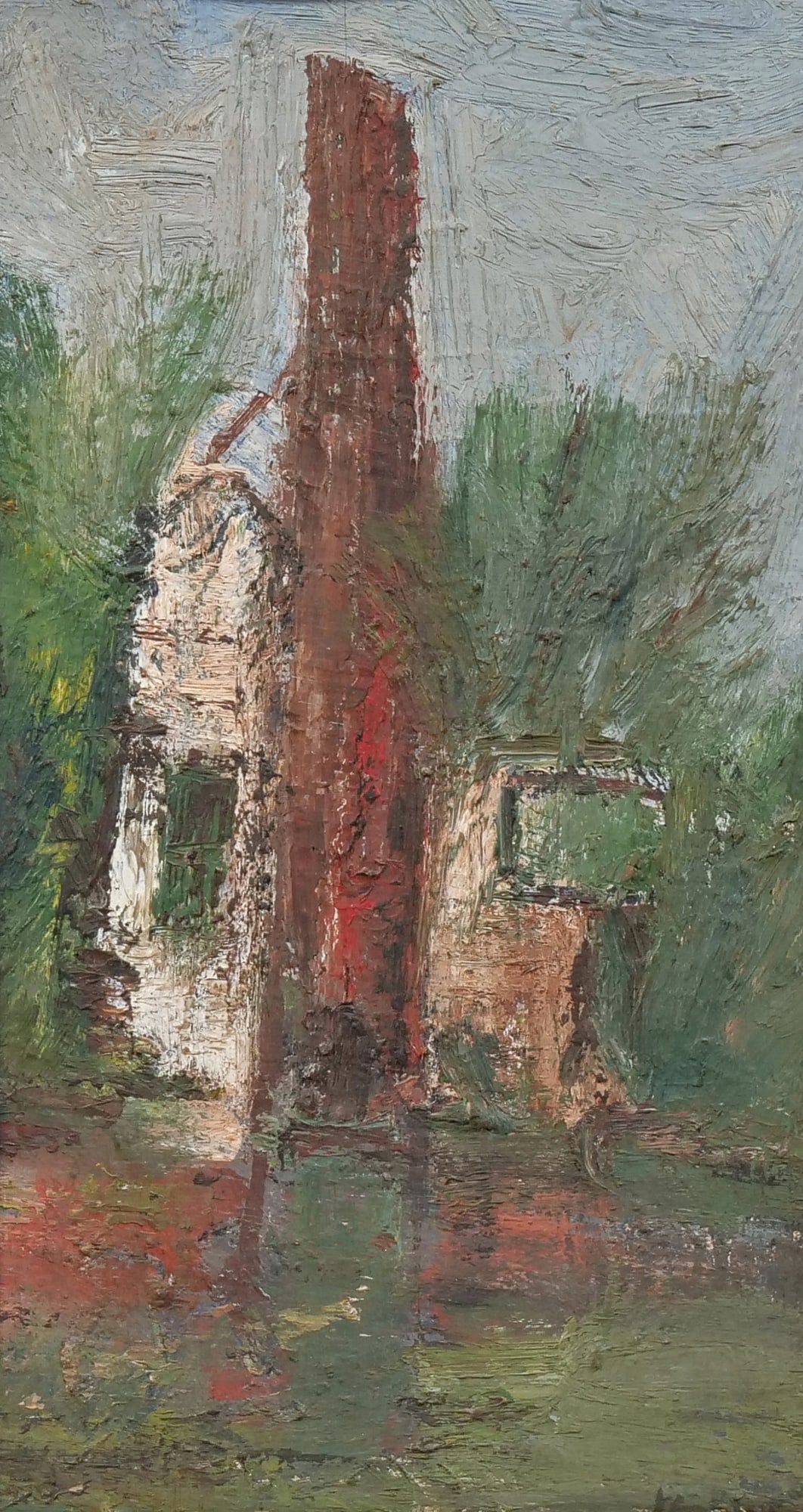 OIL ON BOARD IMPRESSIONIST SCENE (20TH CENTURY): Oil on board, depicting landscape scene featuring a building with a chimney Appears to be signed indistinctly lower right 11.75 x 7 in. - h. 18.25 x w. 13.25 in. (frame) Inventory No. 64-39 Provenance