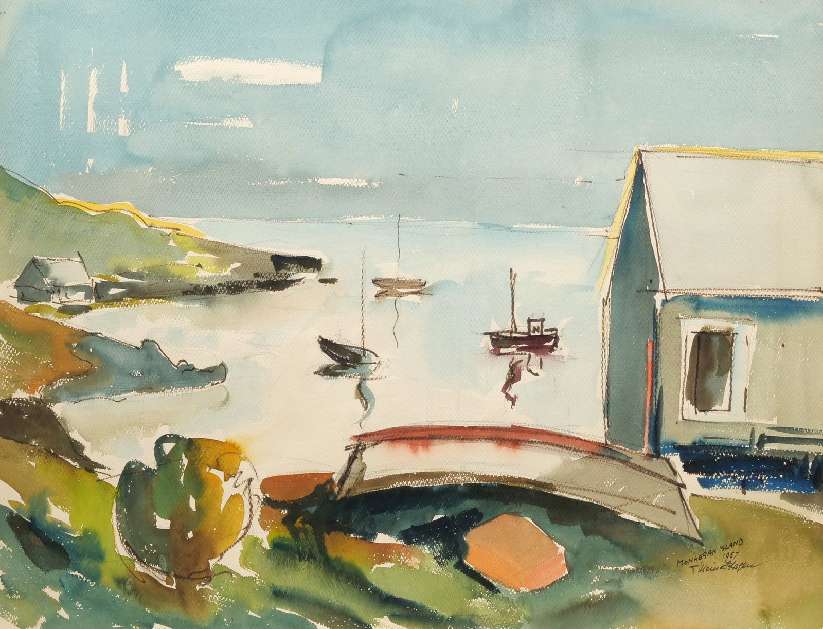 [SIGNED] HARBOR SCENE WATERCOLOR (1 of 8)